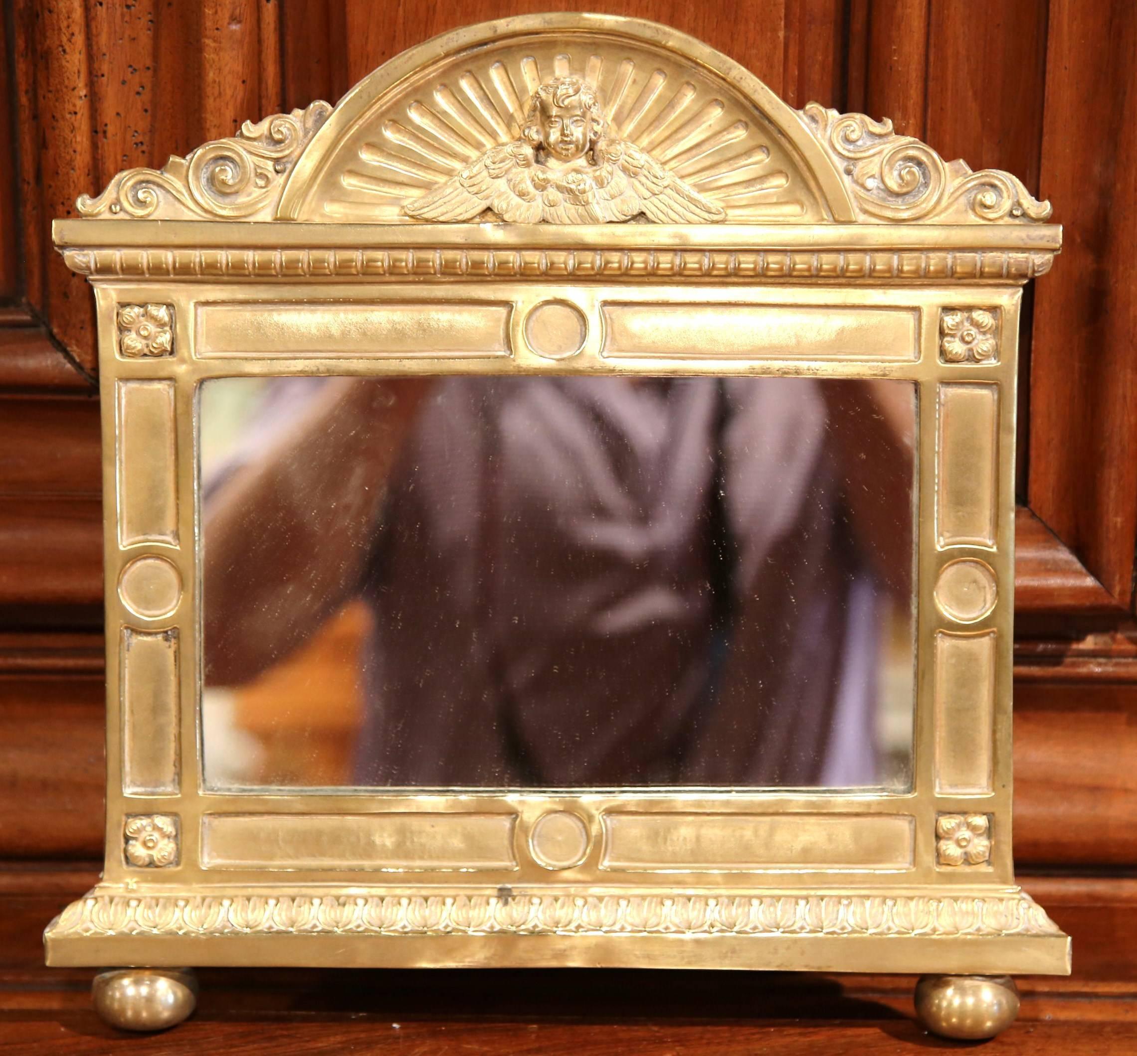 19th Century French Repousse Brass Wall Mirror with Cherub Face Decor For Sale 4