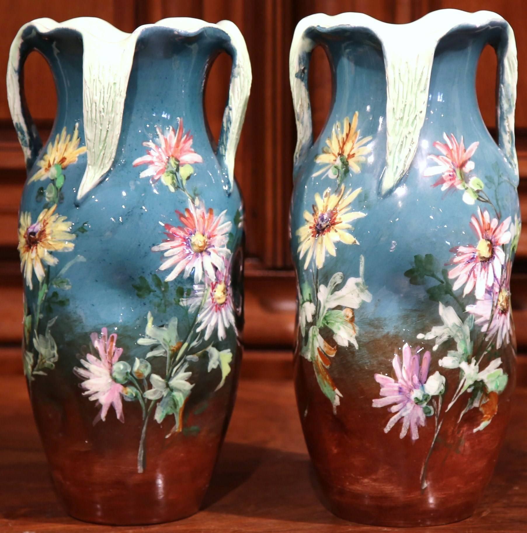 Pair of 19th Century French Painted Ceramic Barbotine Vases Signed J. Massier 1