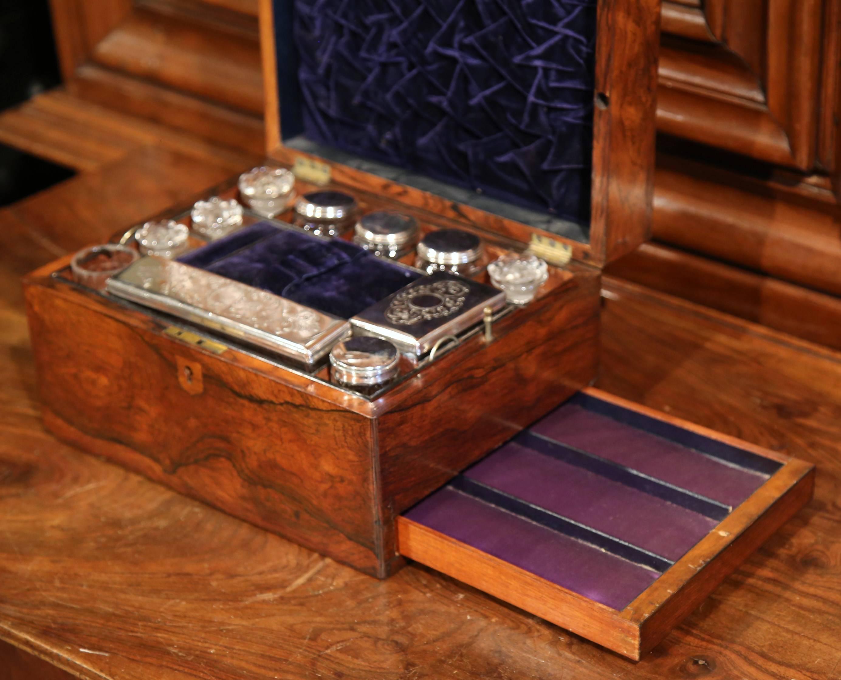 19th Century French Rosewood Travel Vanity Case with Cut Glass Silver Bottles In Excellent Condition In Dallas, TX