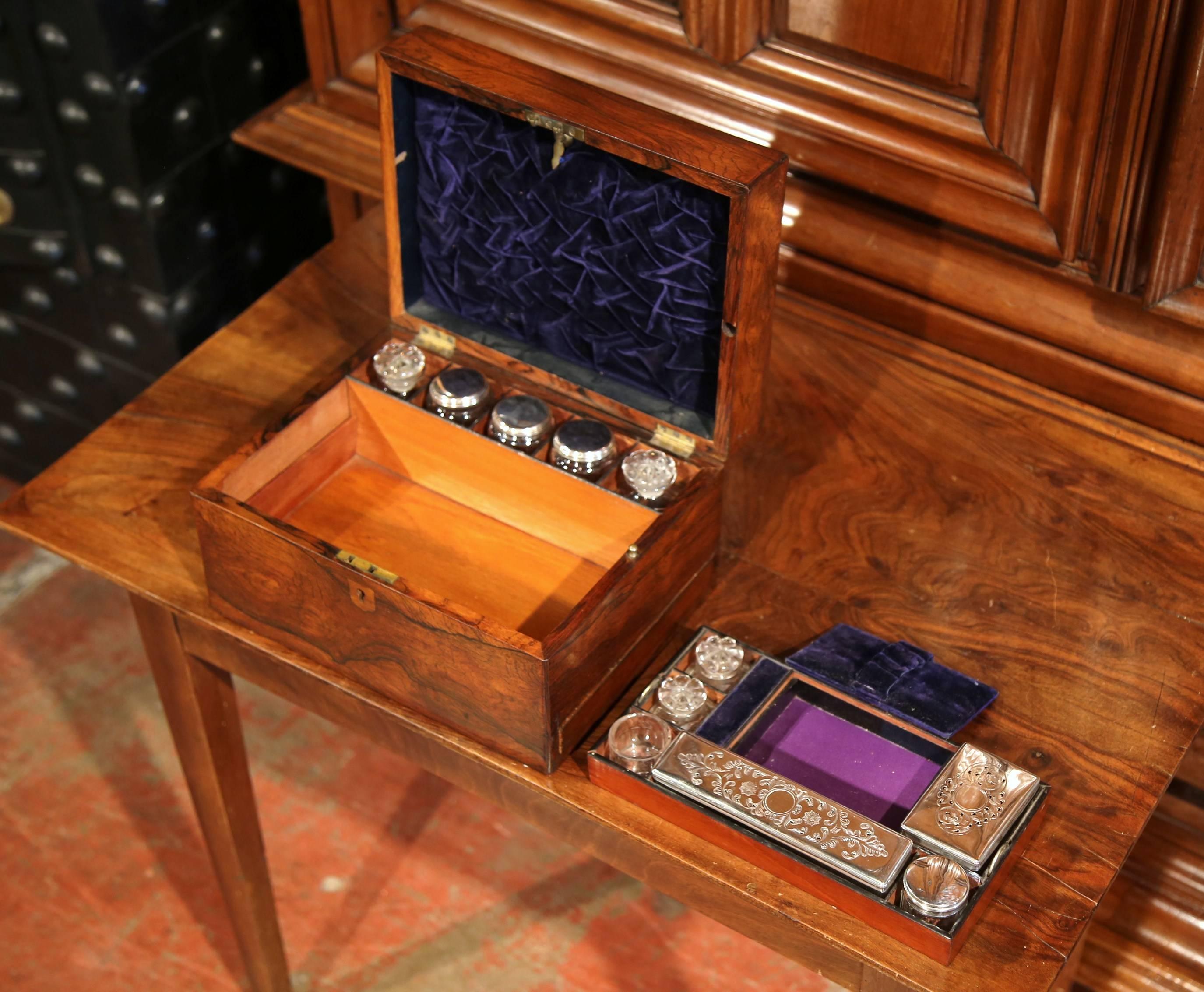 19th Century French Rosewood Travel Vanity Case with Cut Glass Silver Bottles 2
