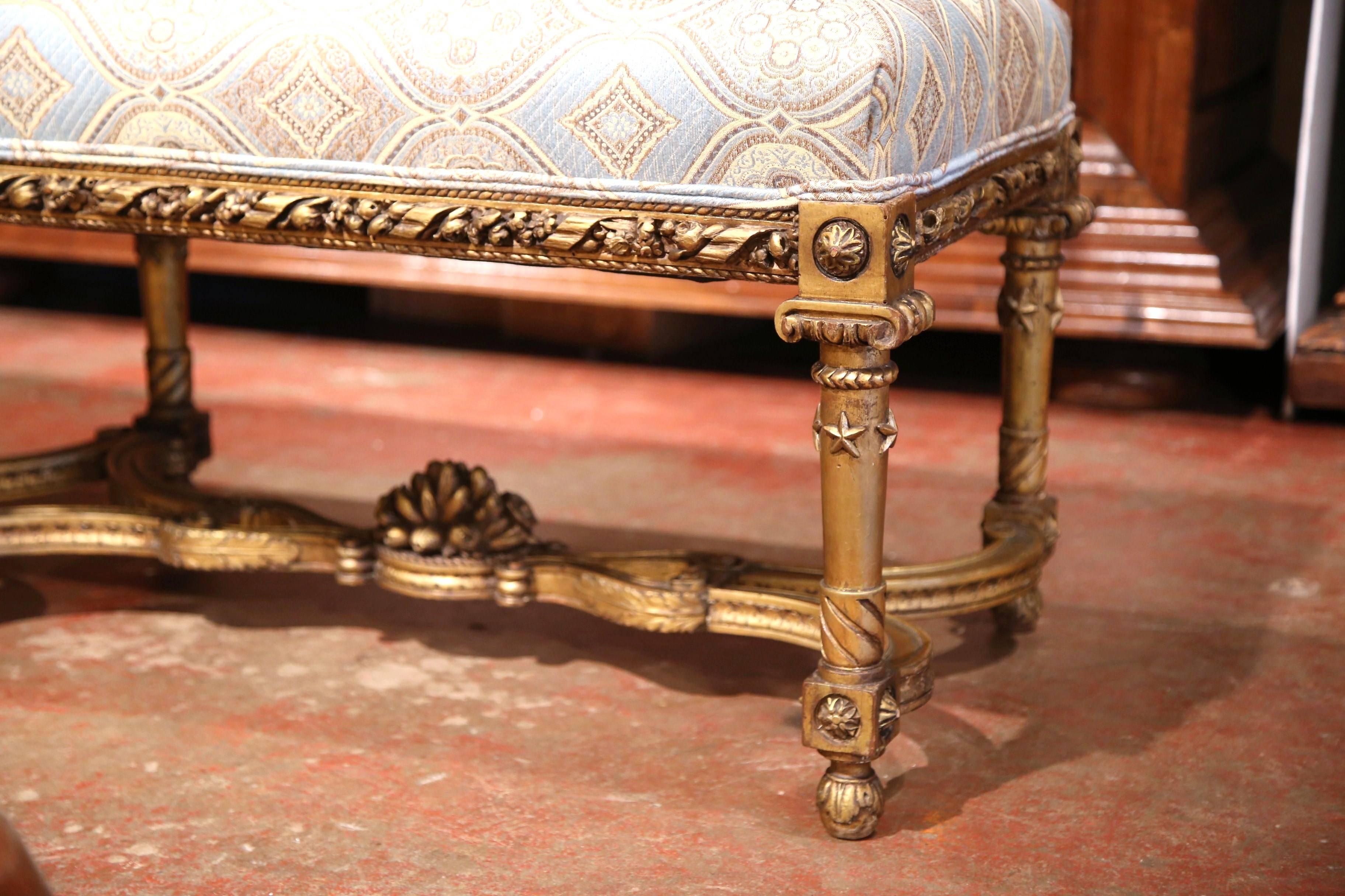 19th Century French Six-Leg Giltwood Bench with Carved Stretcher and New Fabric 3