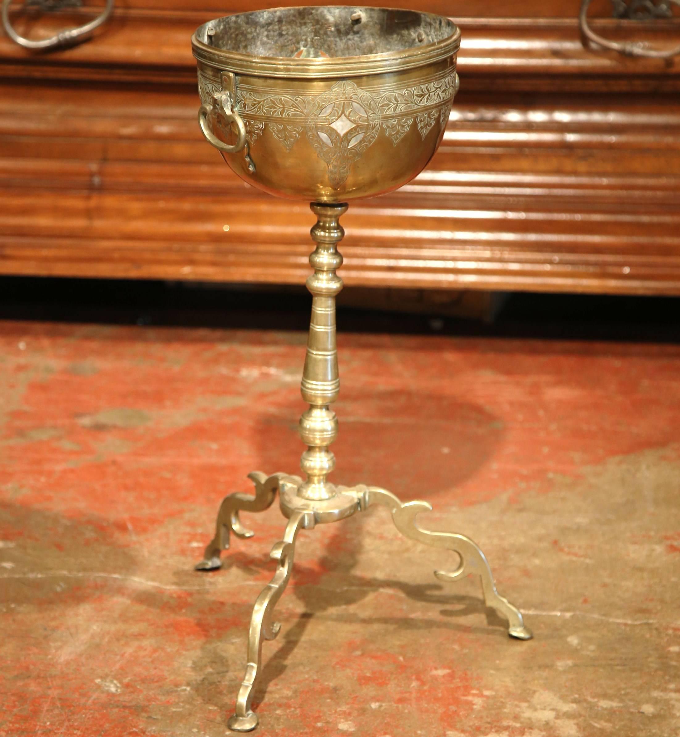 Hand-Carved 19th Century French Bronze and Brass Pedestal Plant Stand with Engravings