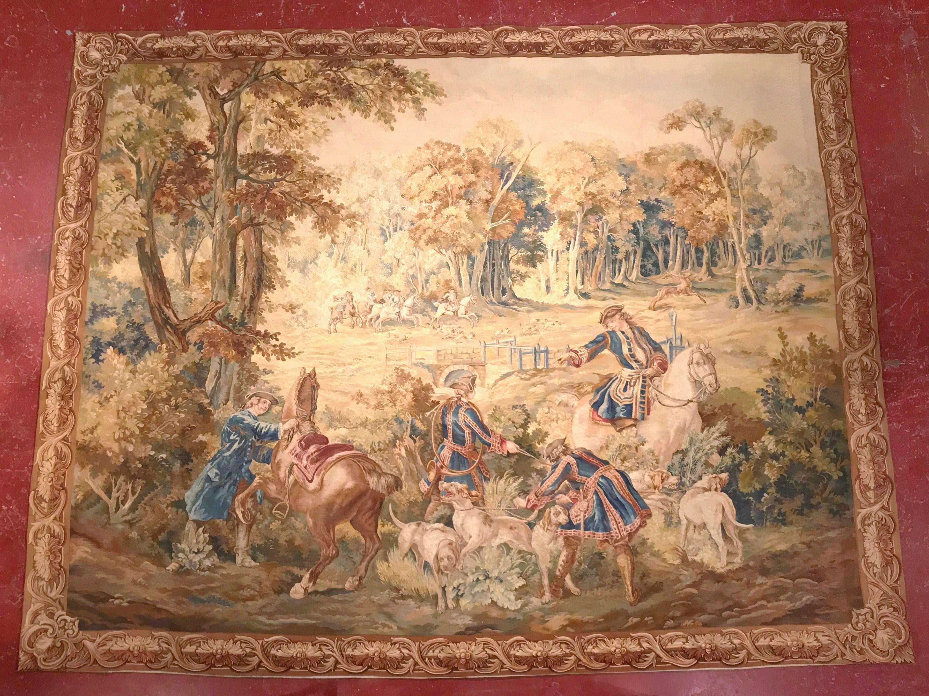 Belgian Large 18th Century Hunt Scene Tapestry with Horsemen Dogs and Deer from Brussels