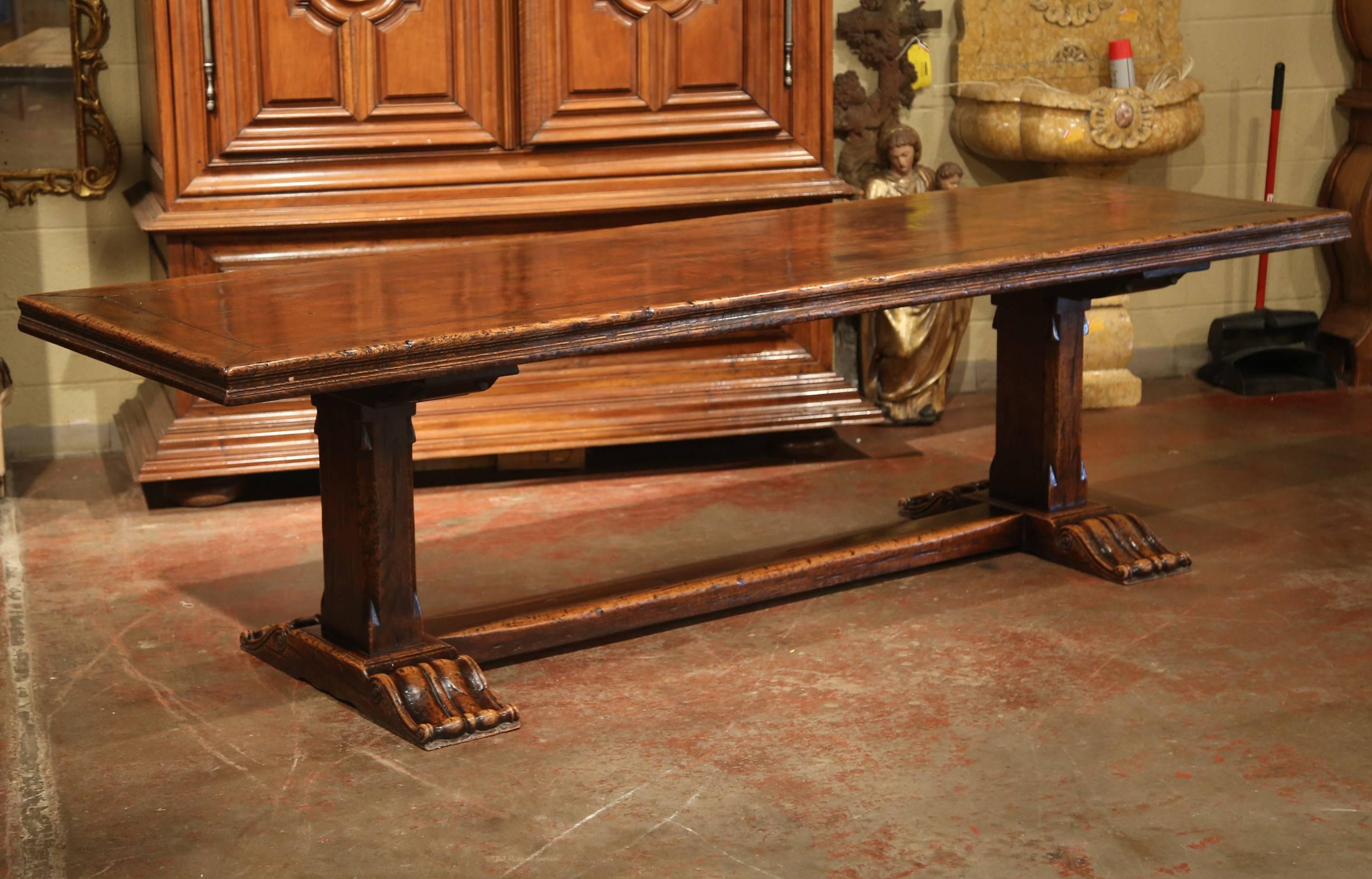 20th Century Louis XIII French Carved Chestnut and Oak Trestle Dining Table from the Pyrenees