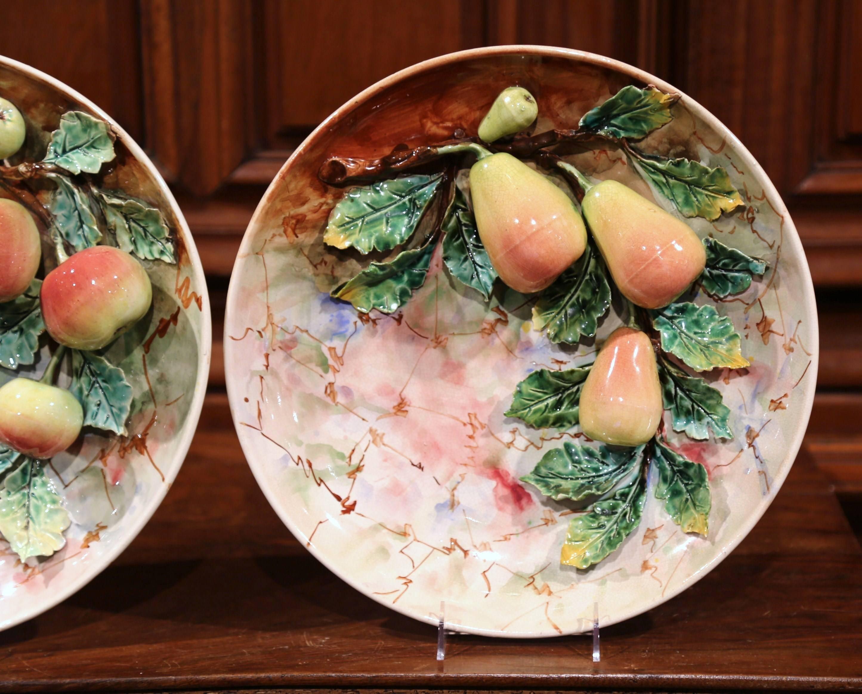 Pair of 19th Century French Hand Painted Ceramic Barbotine Fruit Wall Platters 4