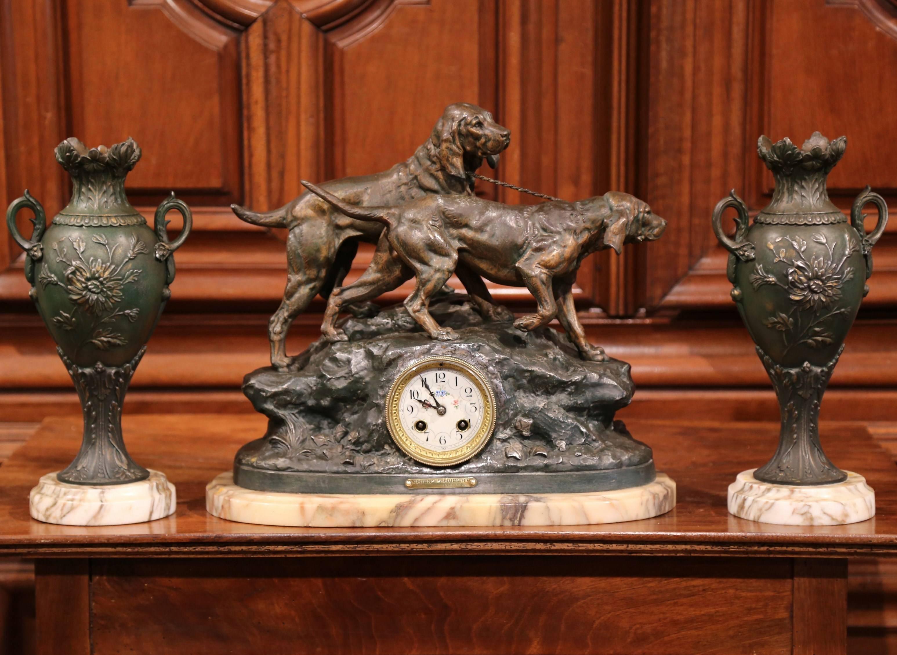 19th Century French Three-Piece Mantel Set Clock with Dogs Signed C. Valton 1