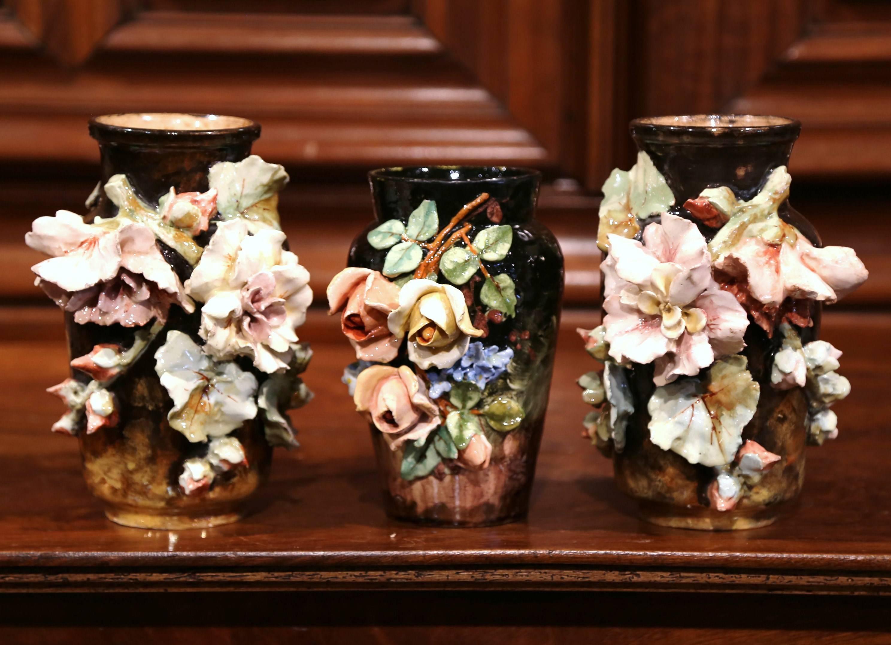 Set of 19th Century Hand-Painted Barbotine Vases with Flowers from Montigny  In Good Condition In Dallas, TX