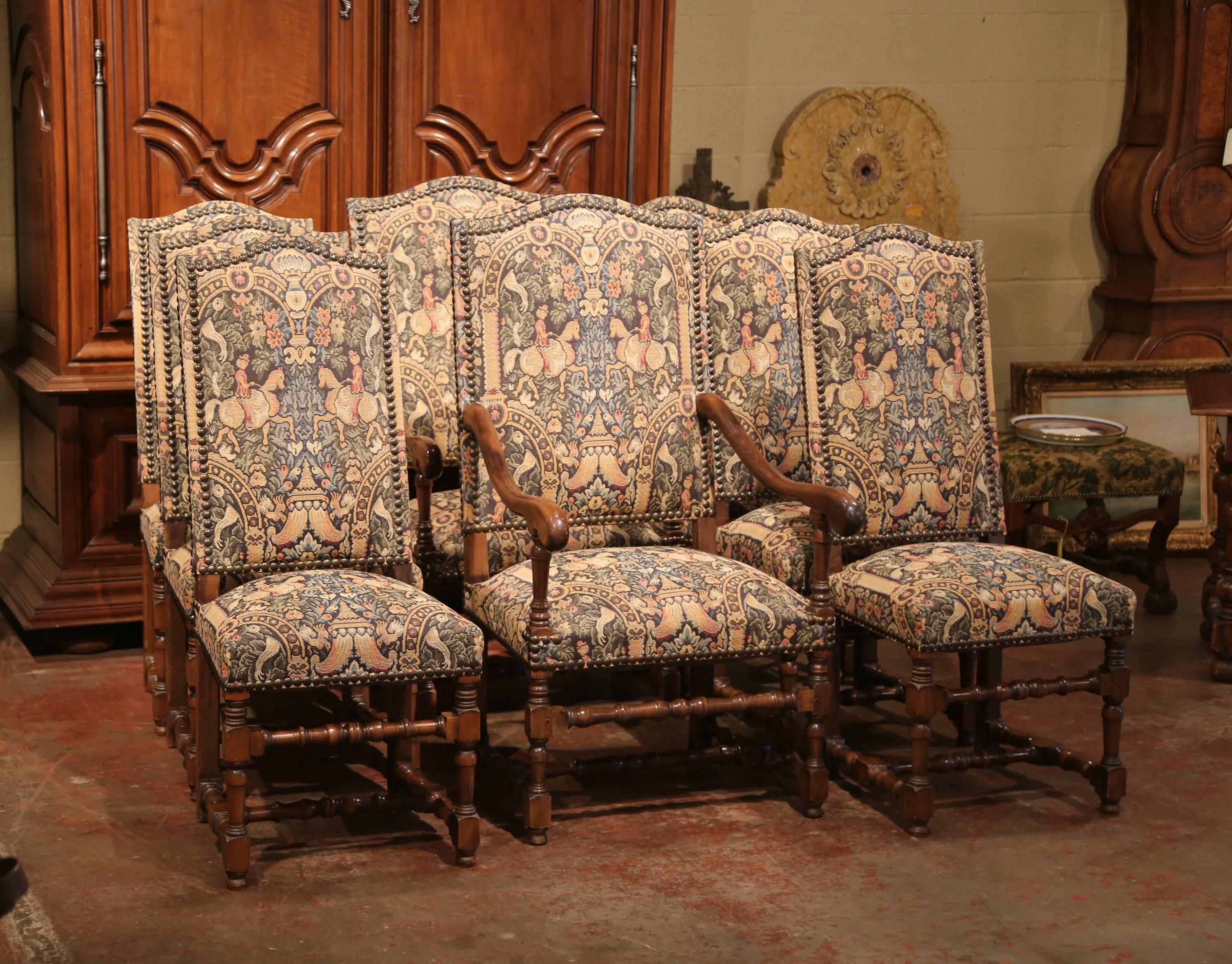 Hand-Carved French Set of Six Side Chairs and Two Armchairs with Tapestry Louis XIII Style
