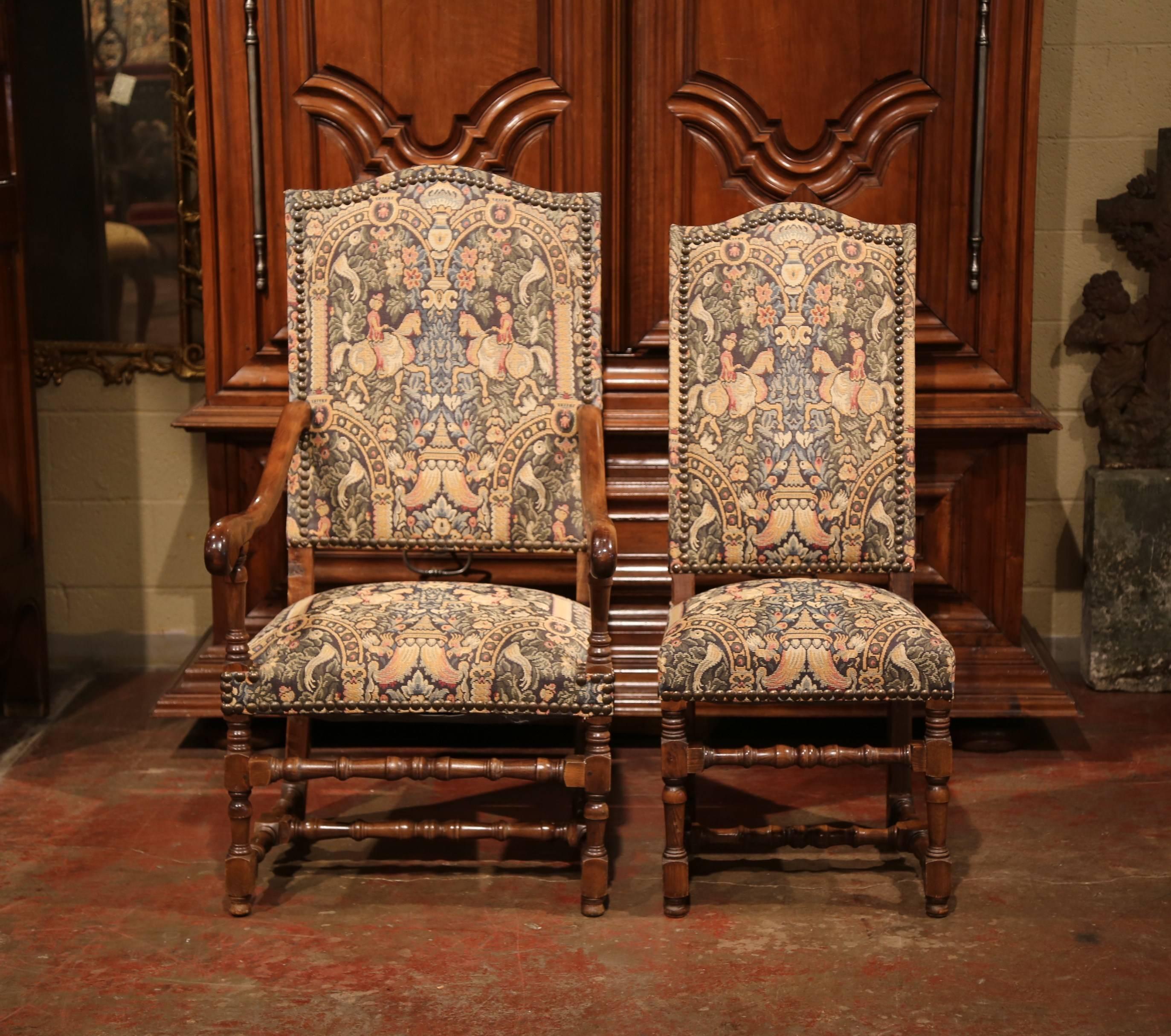 20th Century French Set of Six Side Chairs and Two Armchairs with Tapestry Louis XIII Style