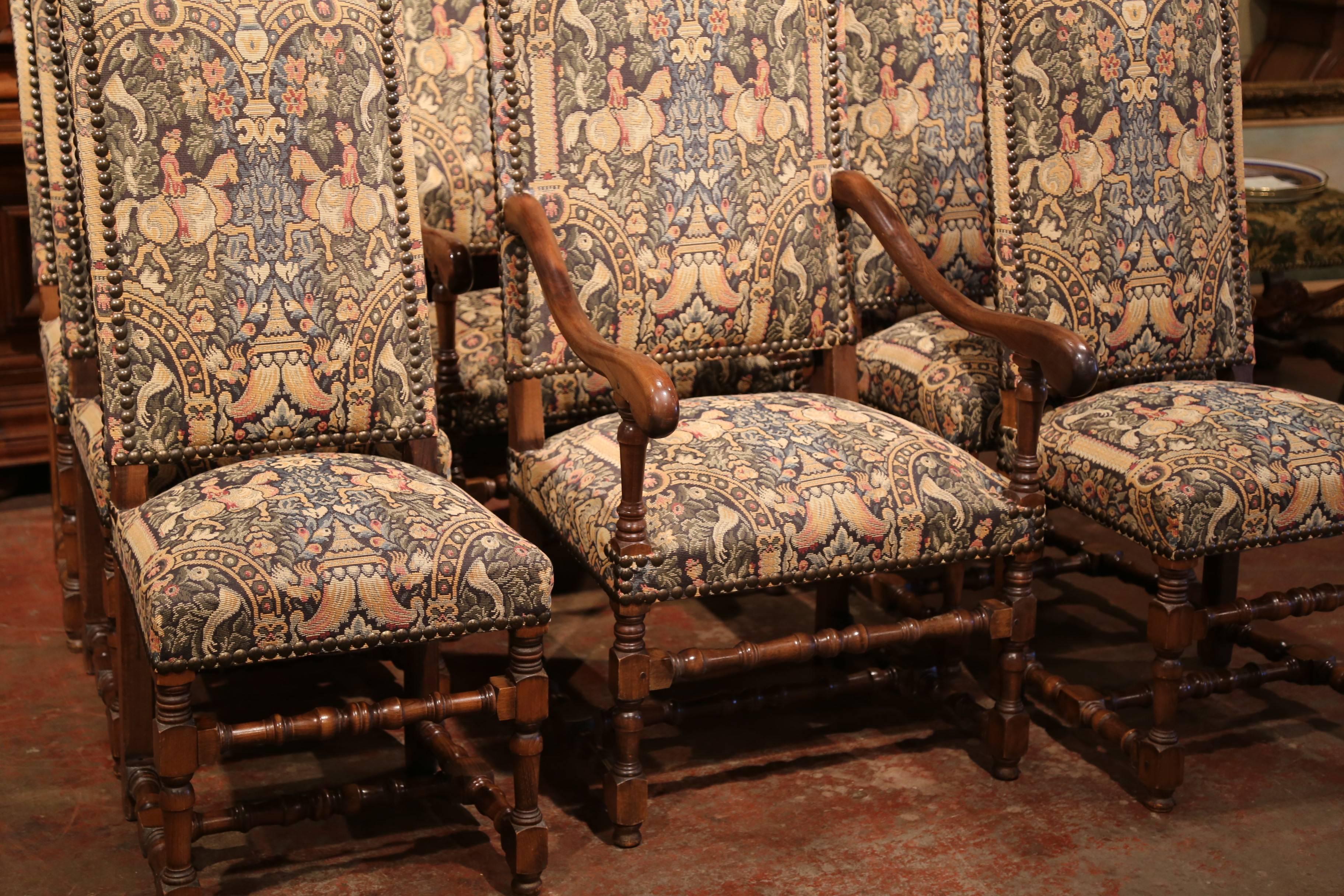 French Set of Six Side Chairs and Two Armchairs with Tapestry Louis XIII Style In Excellent Condition In Dallas, TX