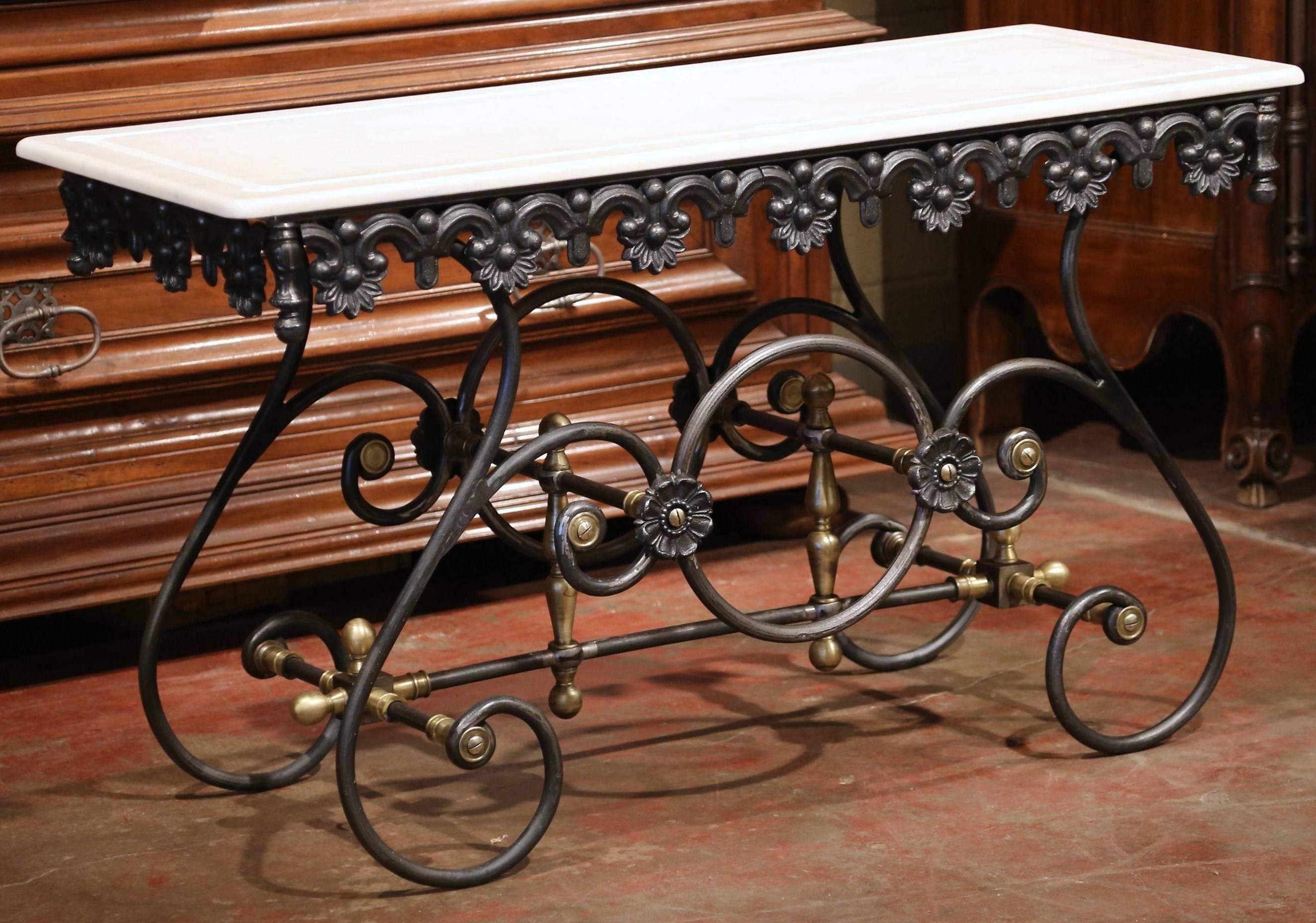 Polished Iron Butcher Pastry Table with Marble Top and Brass Finials from France 4