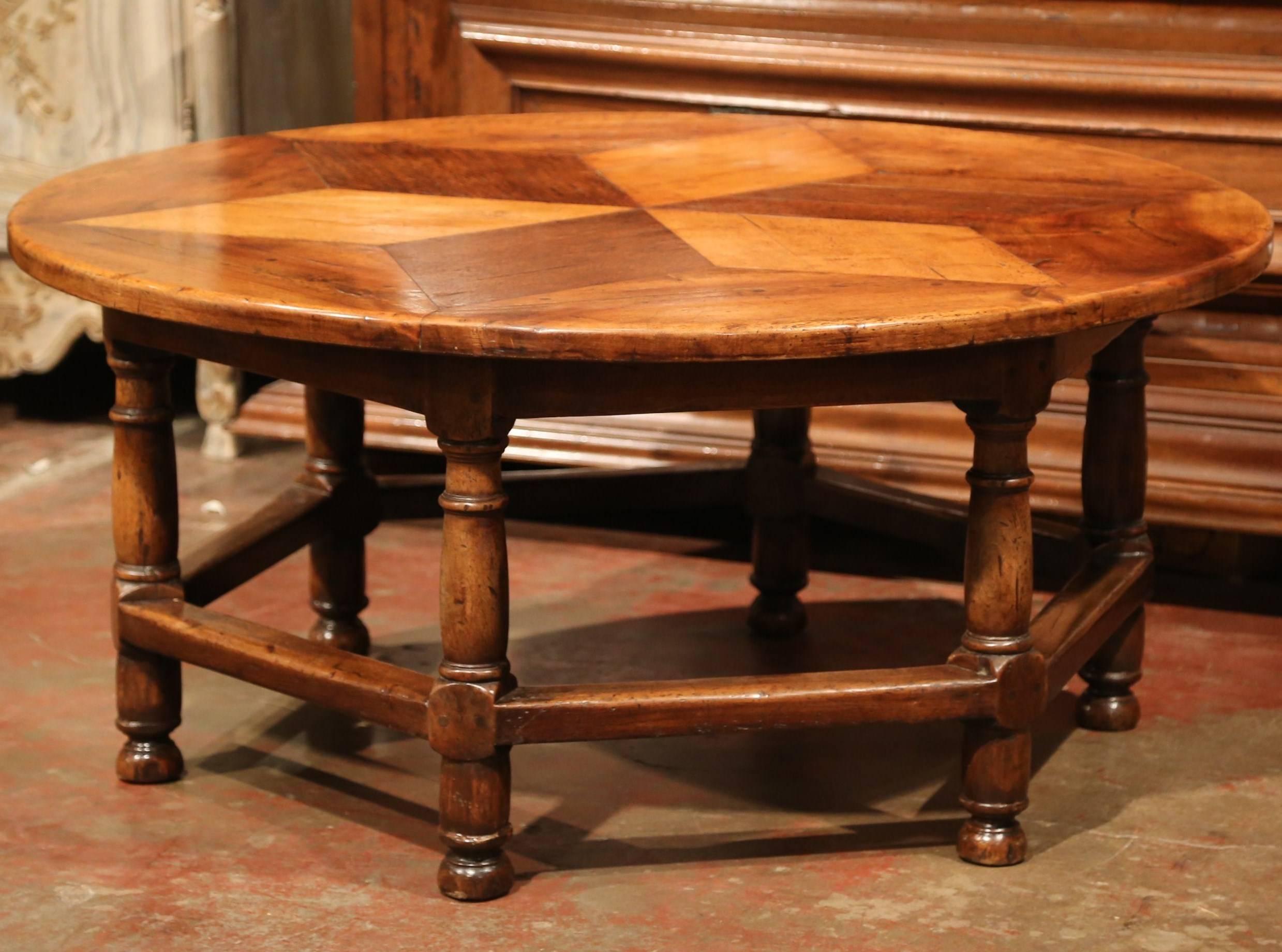 Hand-Carved Midcentury French Six-Leg Round Coffee Table with Geometric Parquet Top