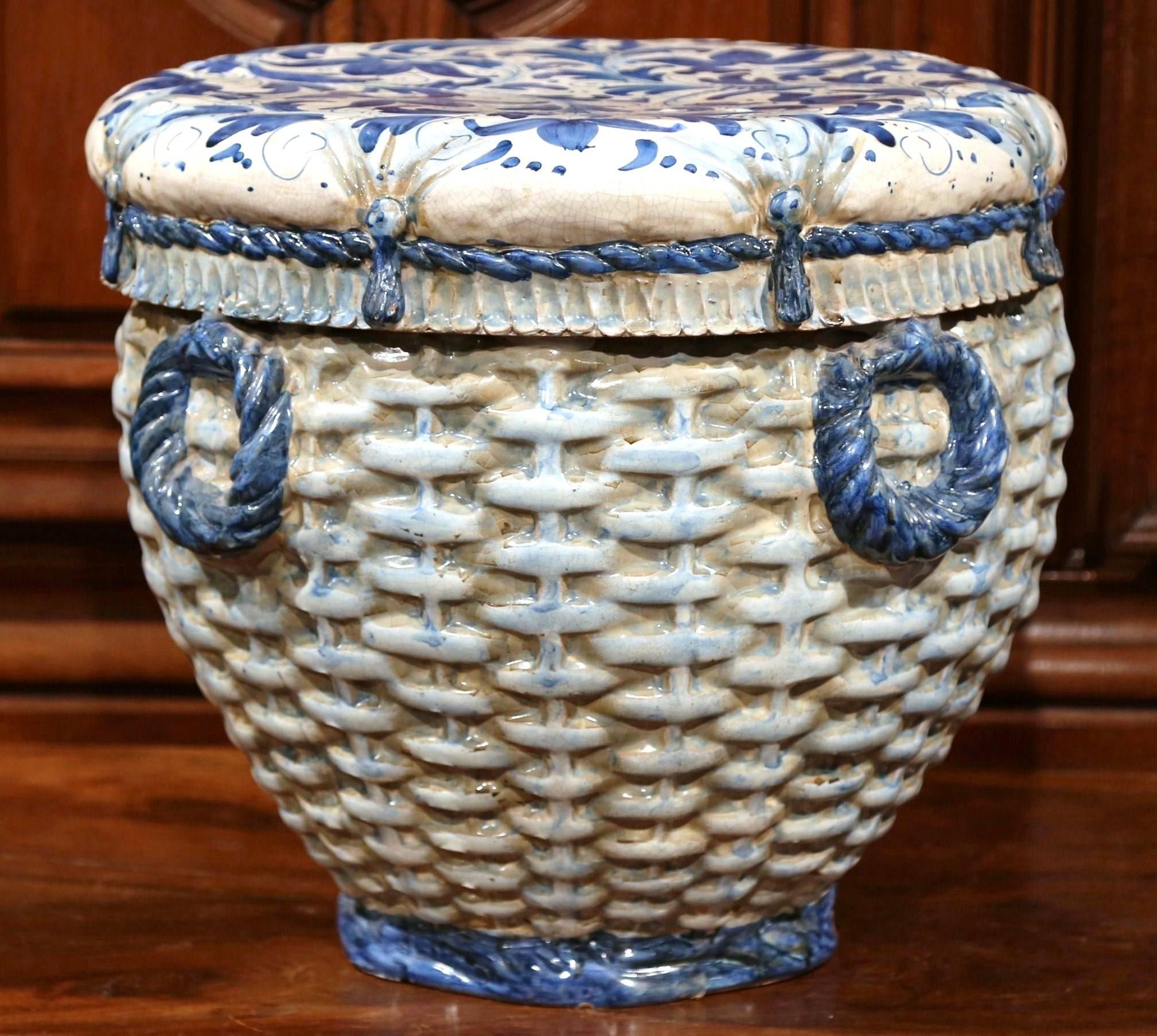 19th Century French Hand-Painted Faience Round Garden Seat with Weave Design 1
