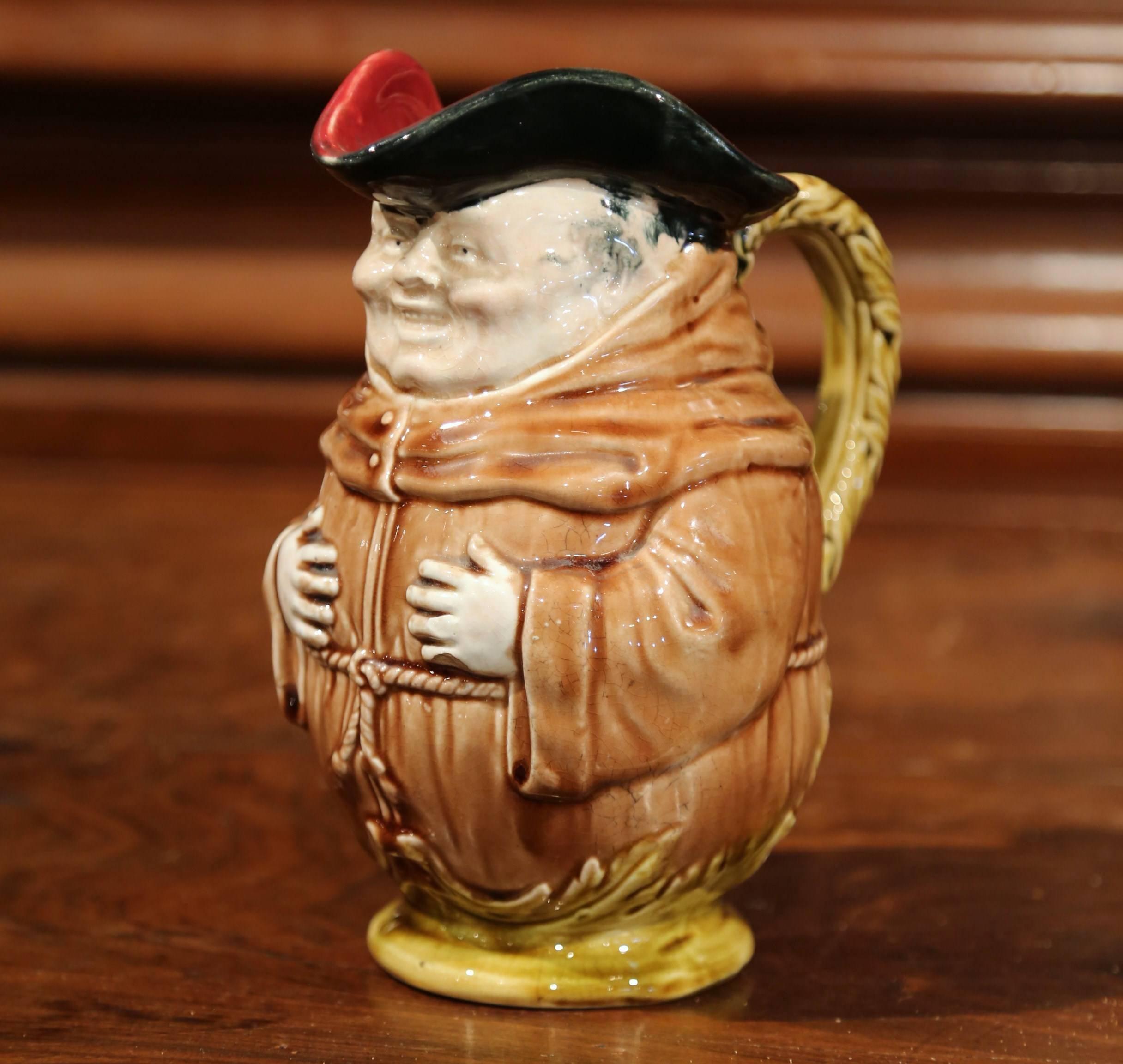 19th Century French Hand Painted Ceramic Barbotine Monk Pitcher by Onnaing (Handgefertigt)