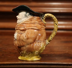 19th Century French Hand Painted Ceramic Barbotine Monk Pitcher by Onnaing