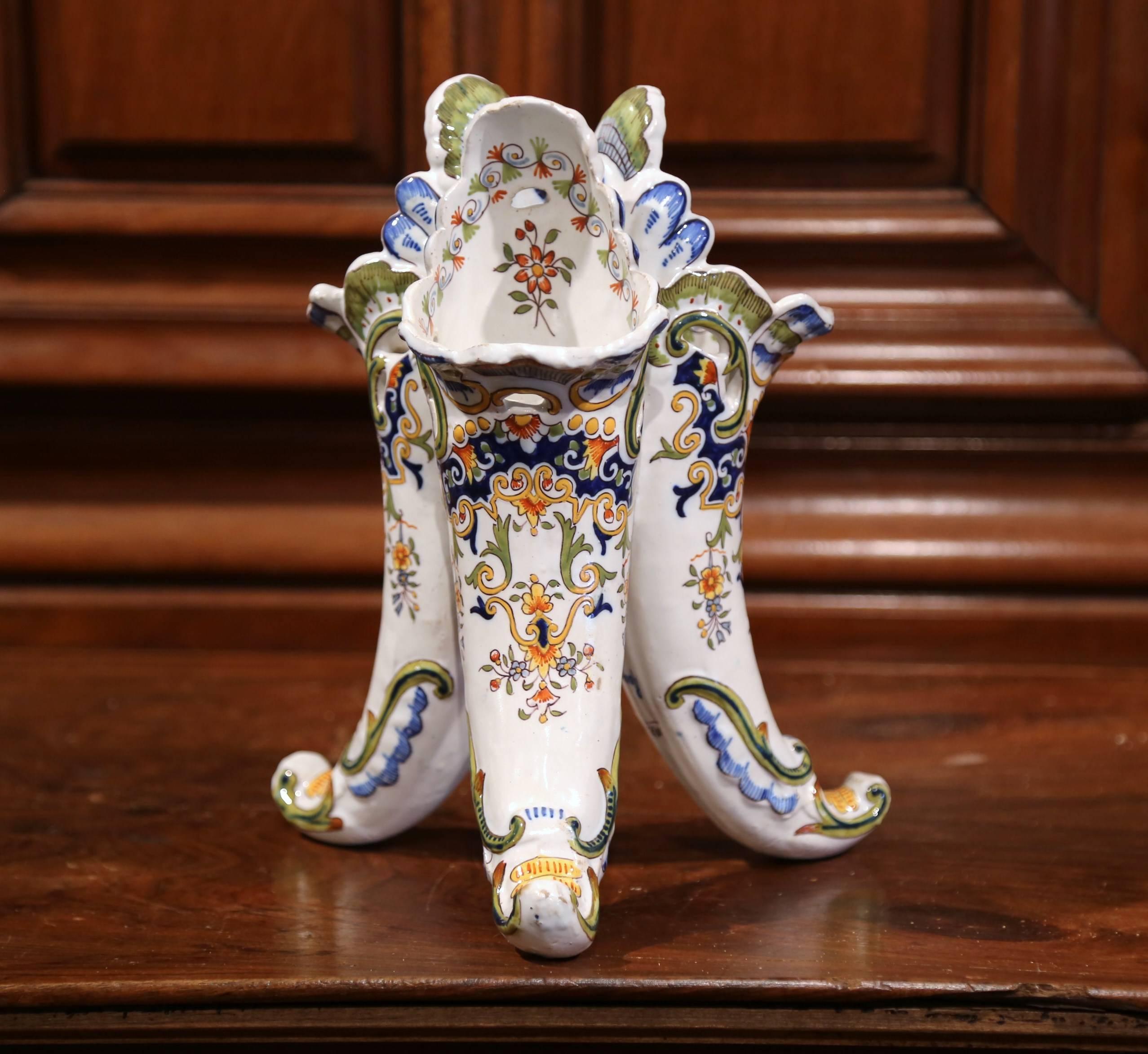 Hand-Painted Early 20th Century French Hand Painted Faience Cornucopia Bouquetiere from Rouen