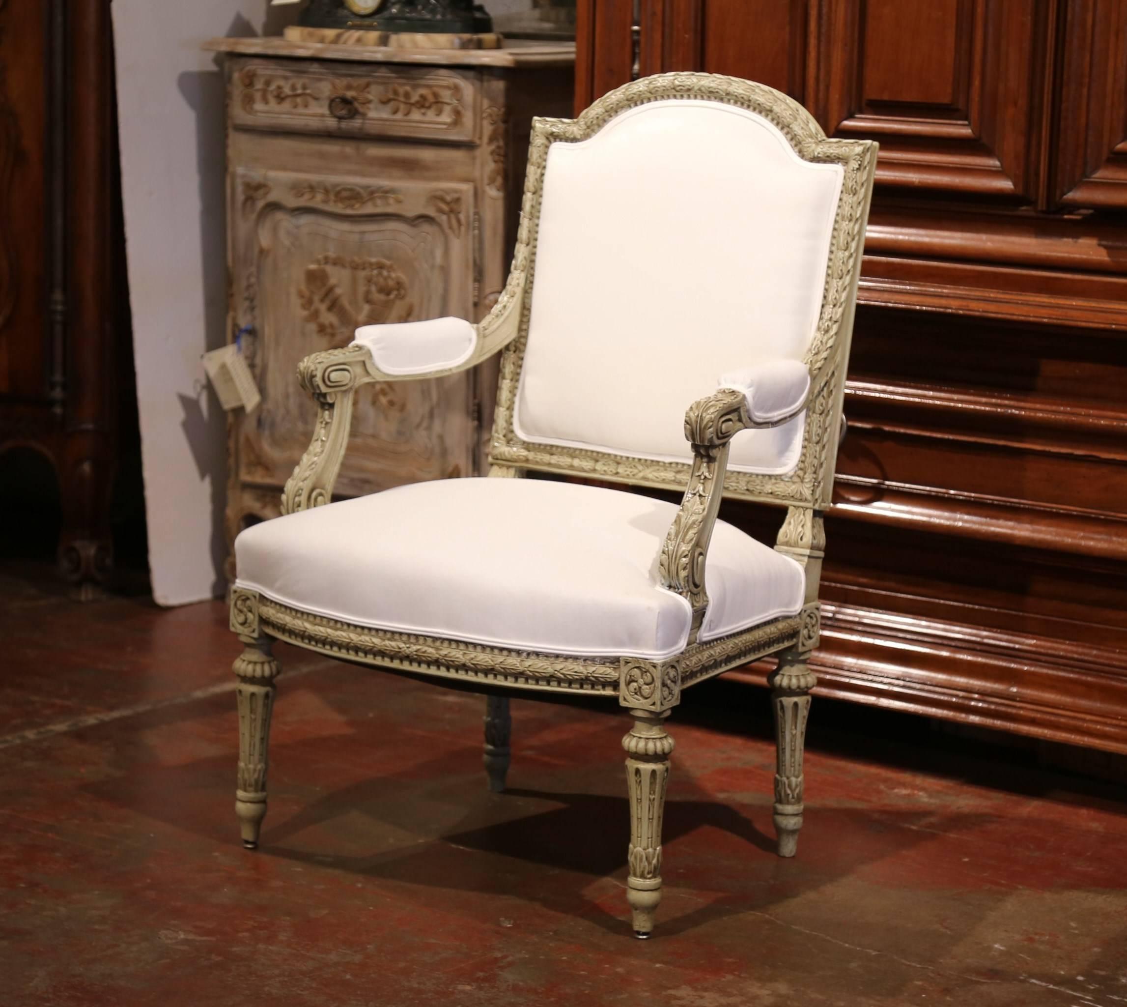 19th Century French Louis XVI Carved Painted Desk Armchair with Muslin  In Excellent Condition In Dallas, TX