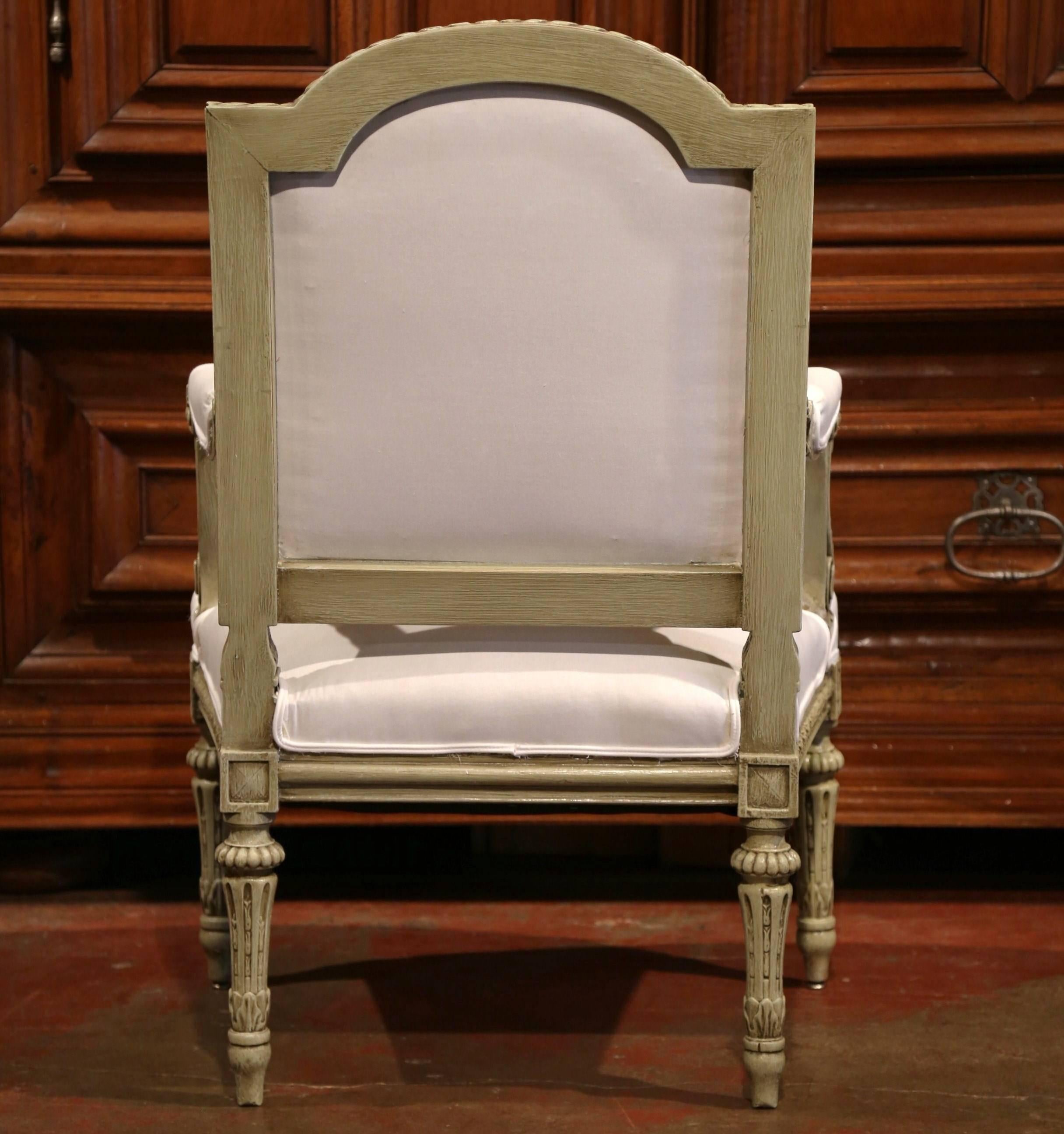 19th Century French Louis XVI Carved Painted Desk Armchair with Muslin  4