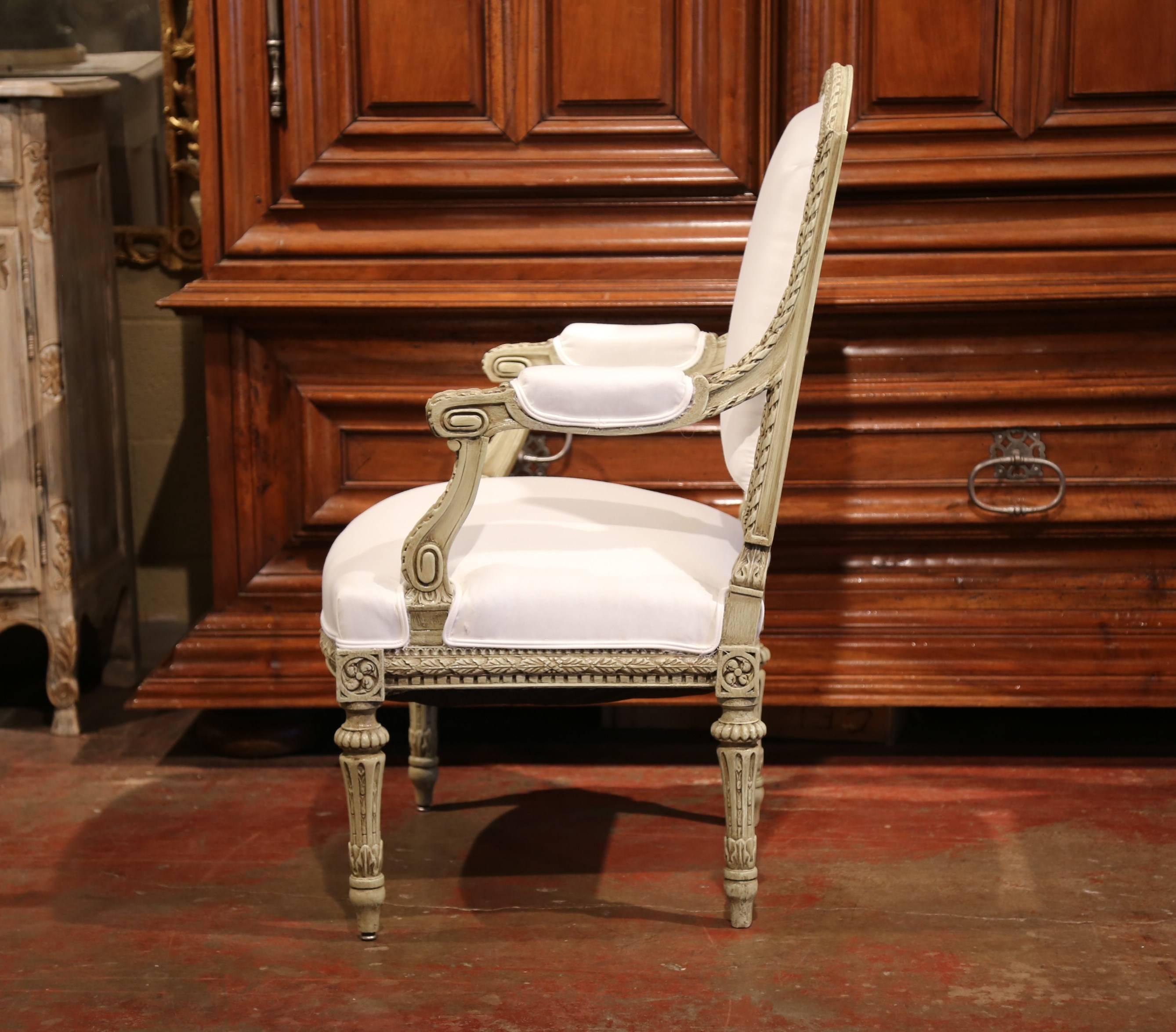 19th Century French Louis XVI Carved Painted Desk Armchair with Muslin  3