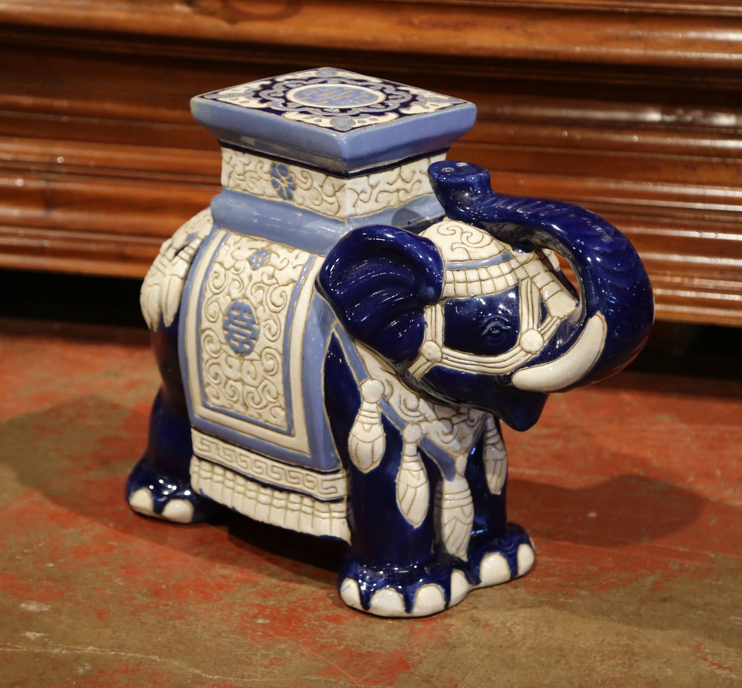 Mid 20th Century French Ceramic Hand-Painted Elephant-Form Garden Seat In Excellent Condition In Dallas, TX