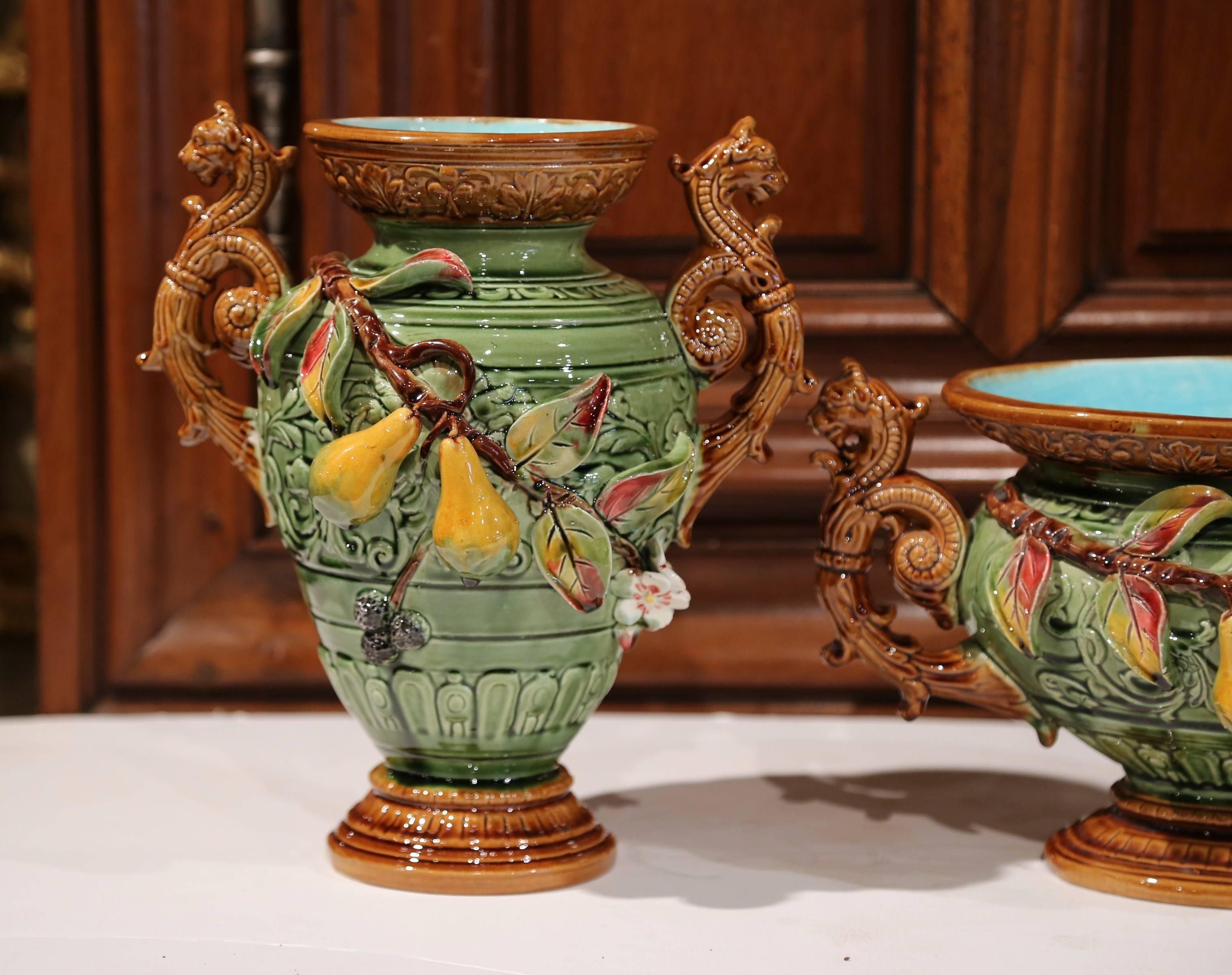 Hand-Crafted 19th Century French Barbotine Ceramic Vases and Jardinière with Pear Decor