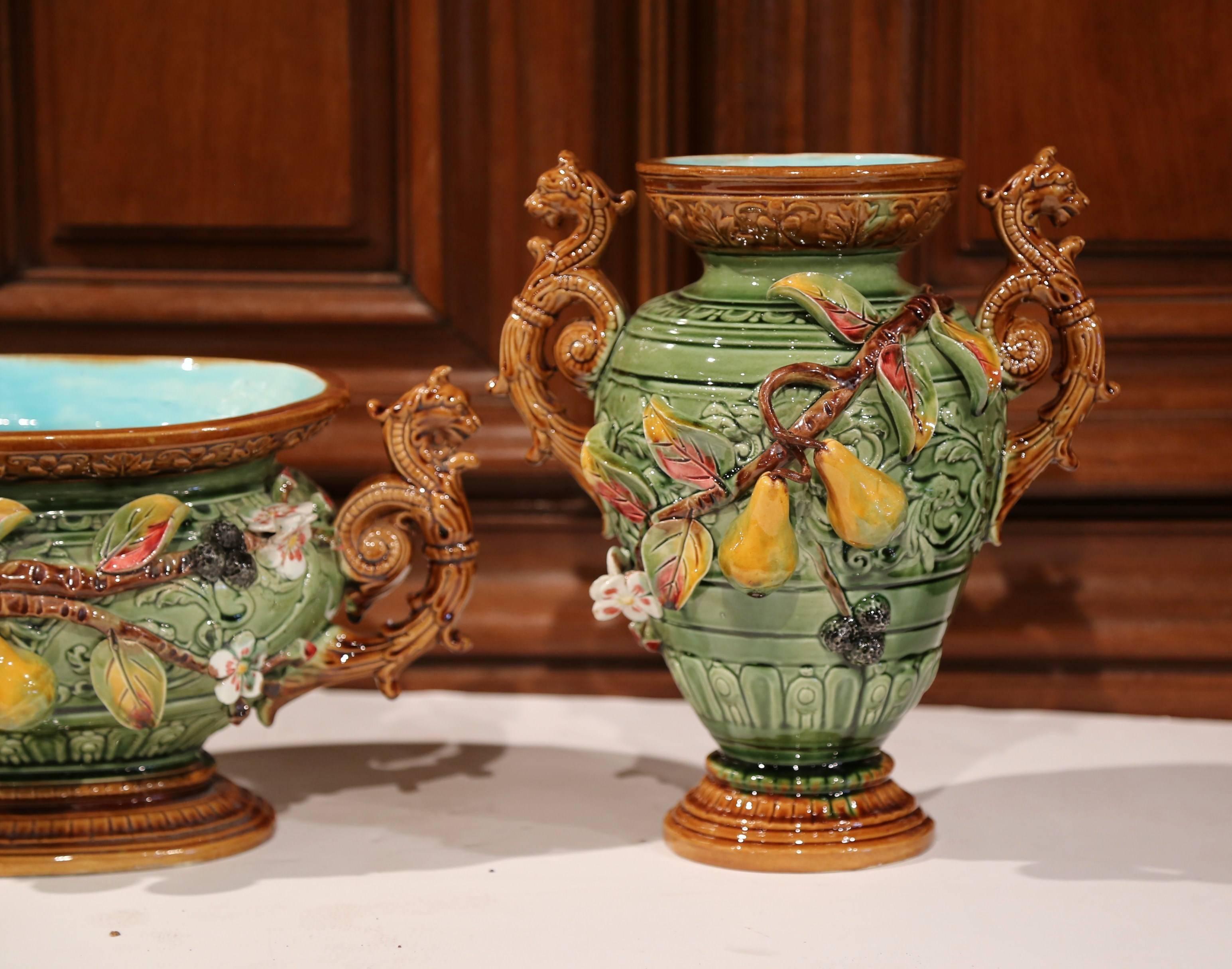 19th Century French Barbotine Ceramic Vases and Jardinière with Pear Decor 1