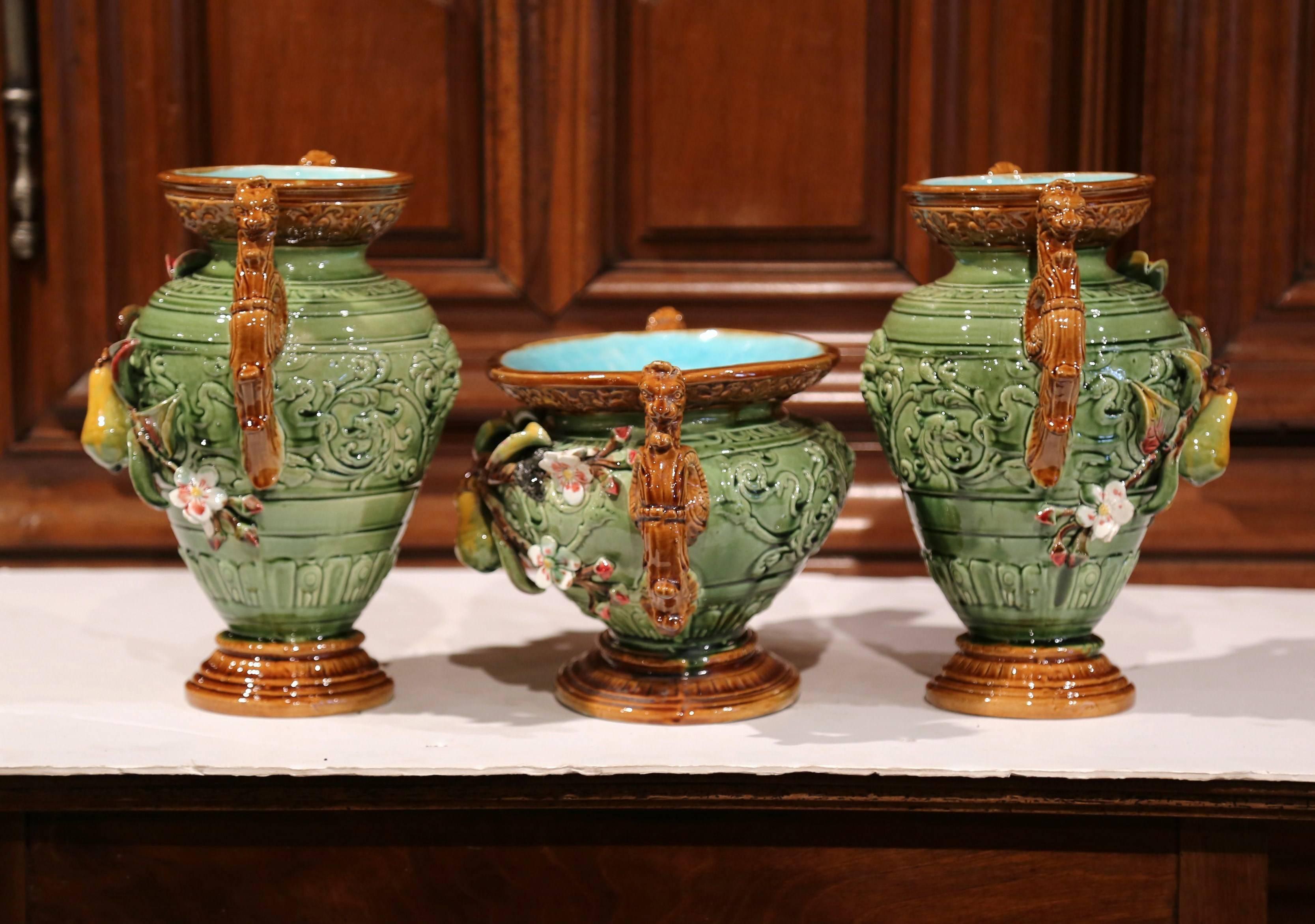 19th Century French Barbotine Ceramic Vases and Jardinière with Pear Decor 3