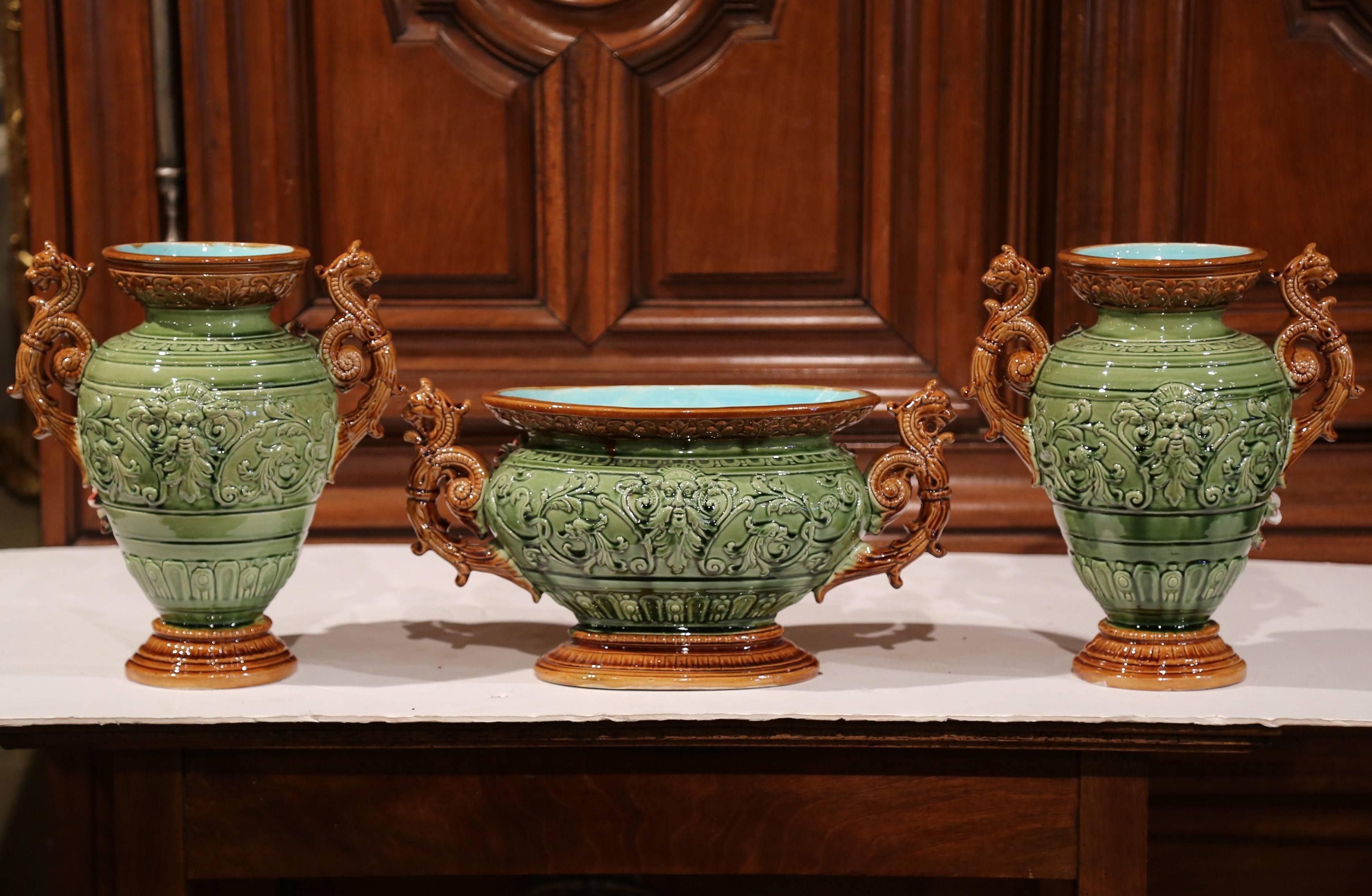 19th Century French Barbotine Ceramic Vases and Jardinière with Pear Decor 4