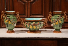 19th Century French Barbotine Ceramic Vases and Jardinière with Pear Decor