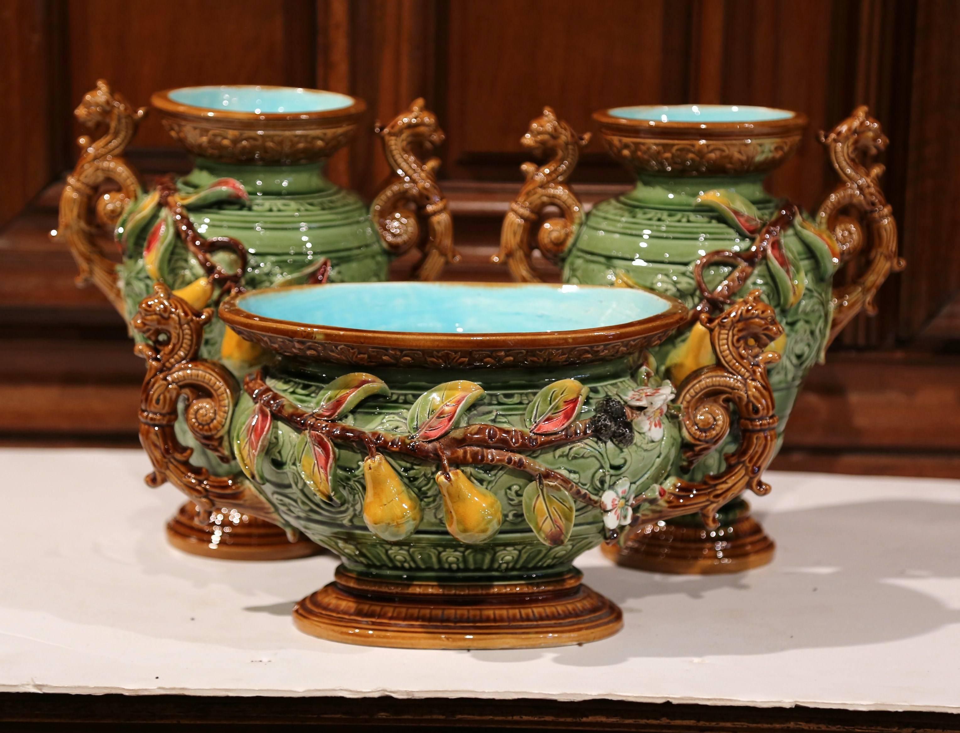19th Century French Barbotine Ceramic Vases and Jardinière with Pear Decor 2