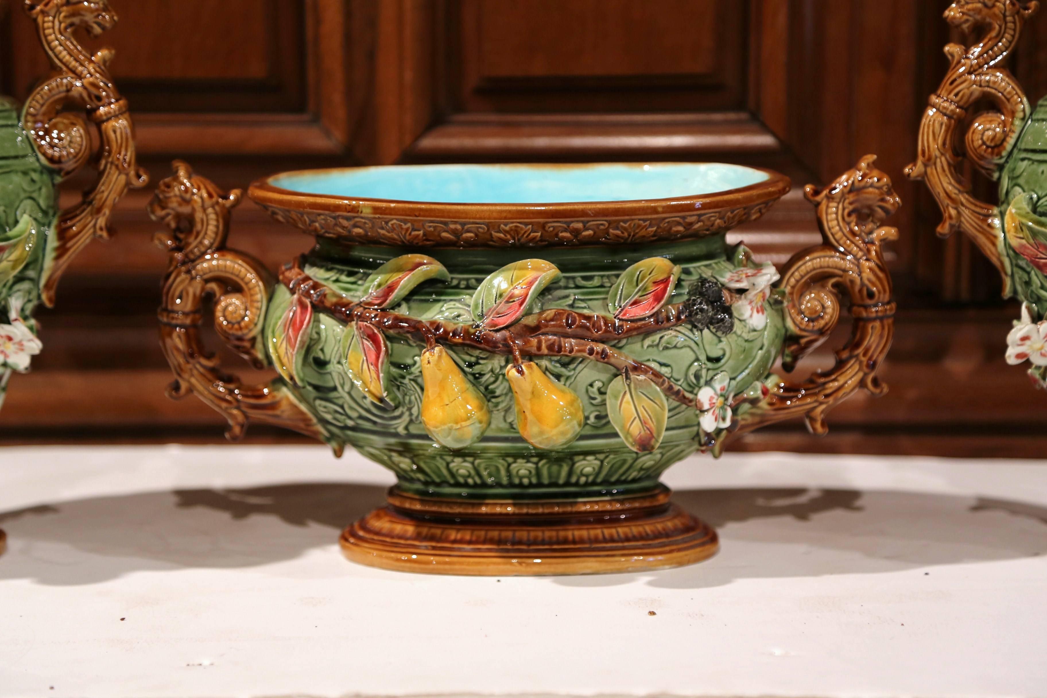 19th Century French Barbotine Ceramic Vases and Jardinière with Pear Decor In Excellent Condition In Dallas, TX