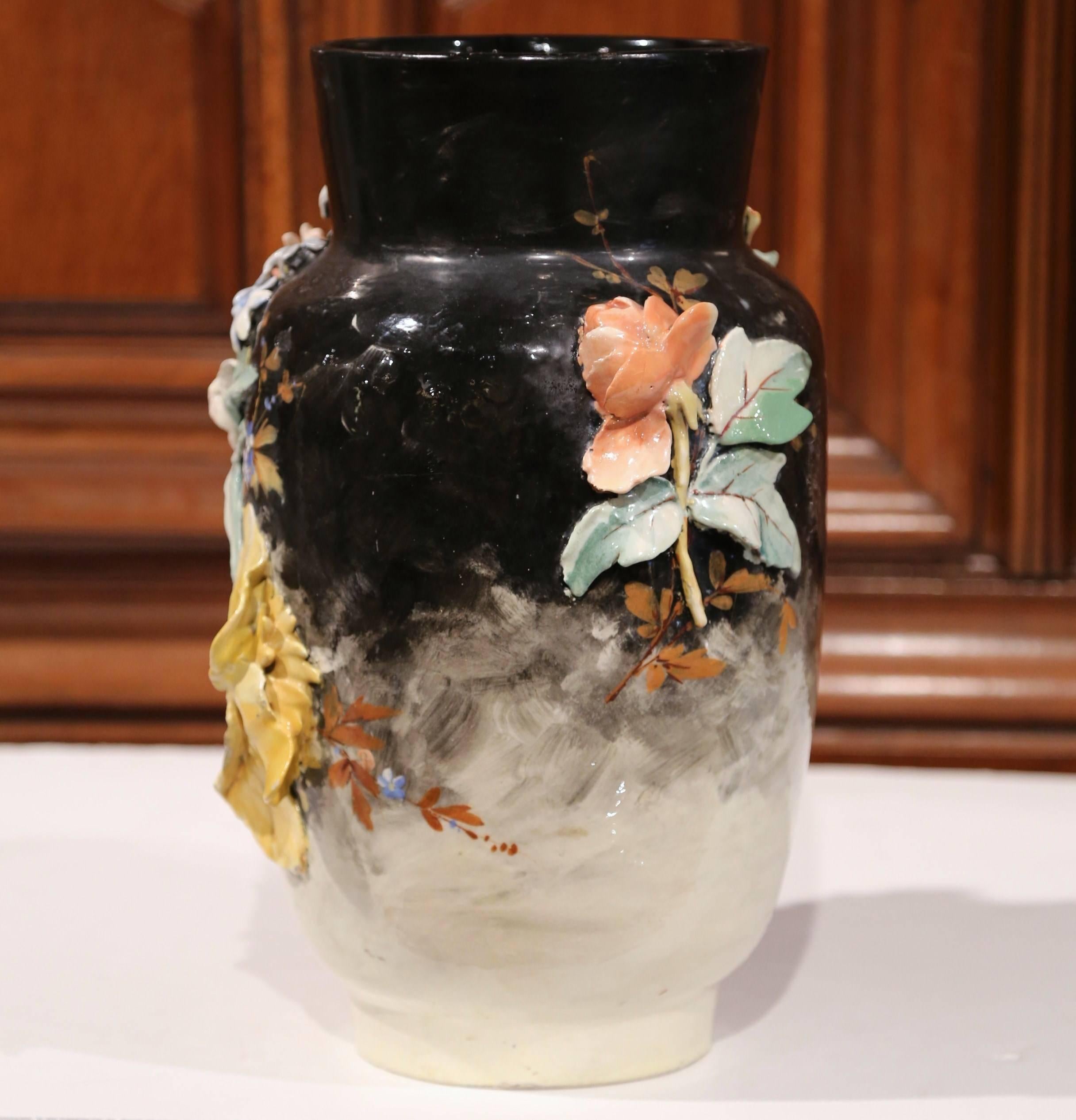 19th Century French Hand Painted Barbotine Ceramic Floral Vase from Montigny 2