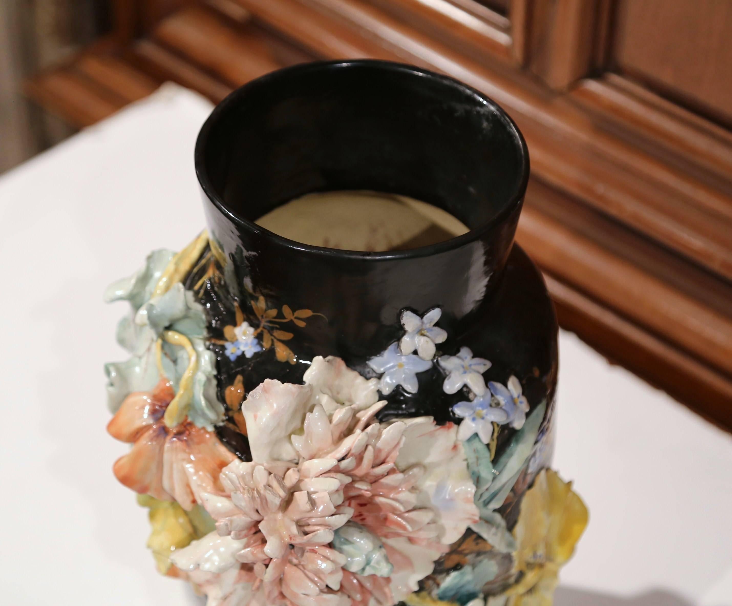 19th Century French Hand Painted Barbotine Ceramic Floral Vase from Montigny In Good Condition In Dallas, TX