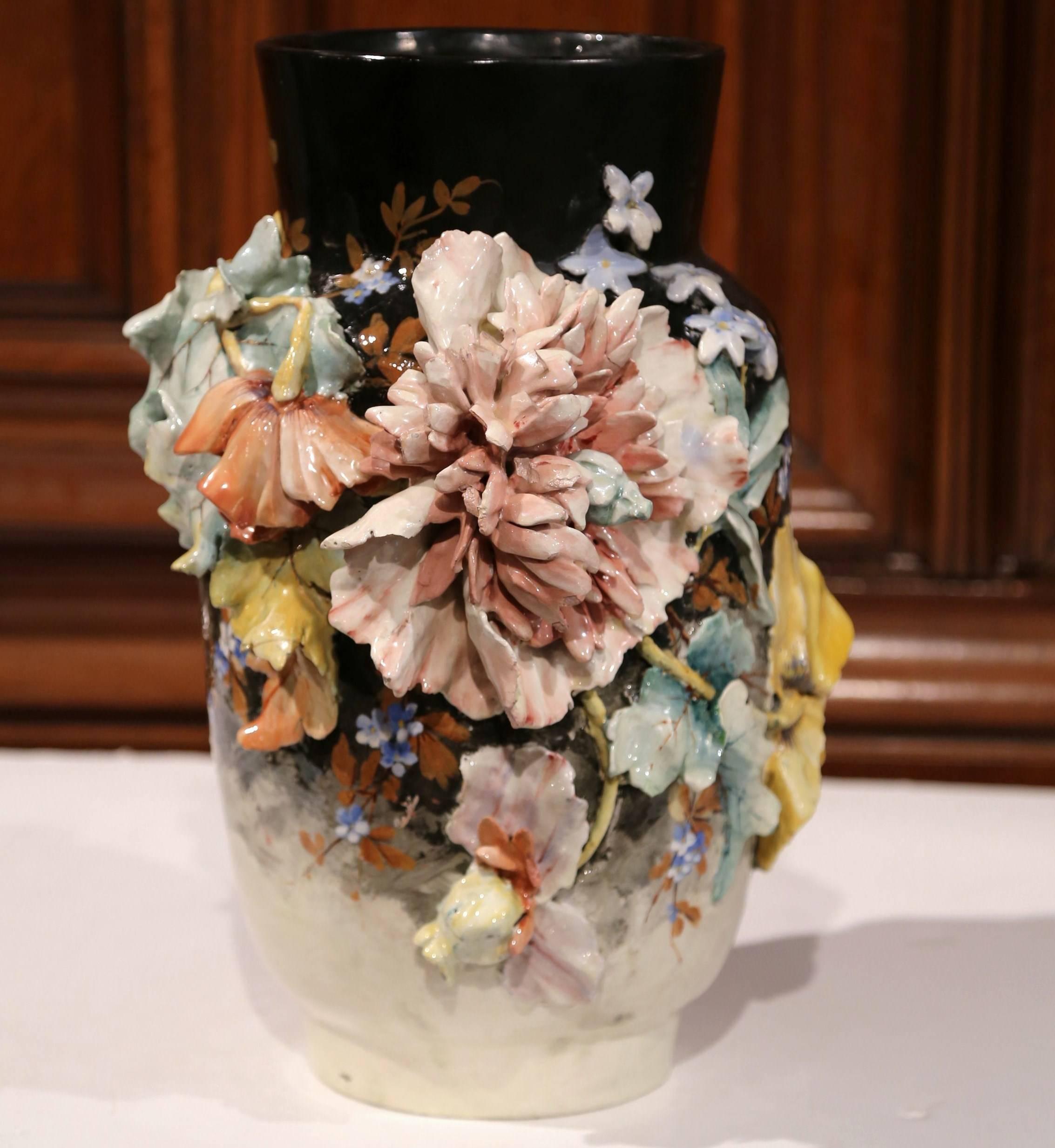Hand-Crafted 19th Century French Hand Painted Barbotine Ceramic Floral Vase from Montigny