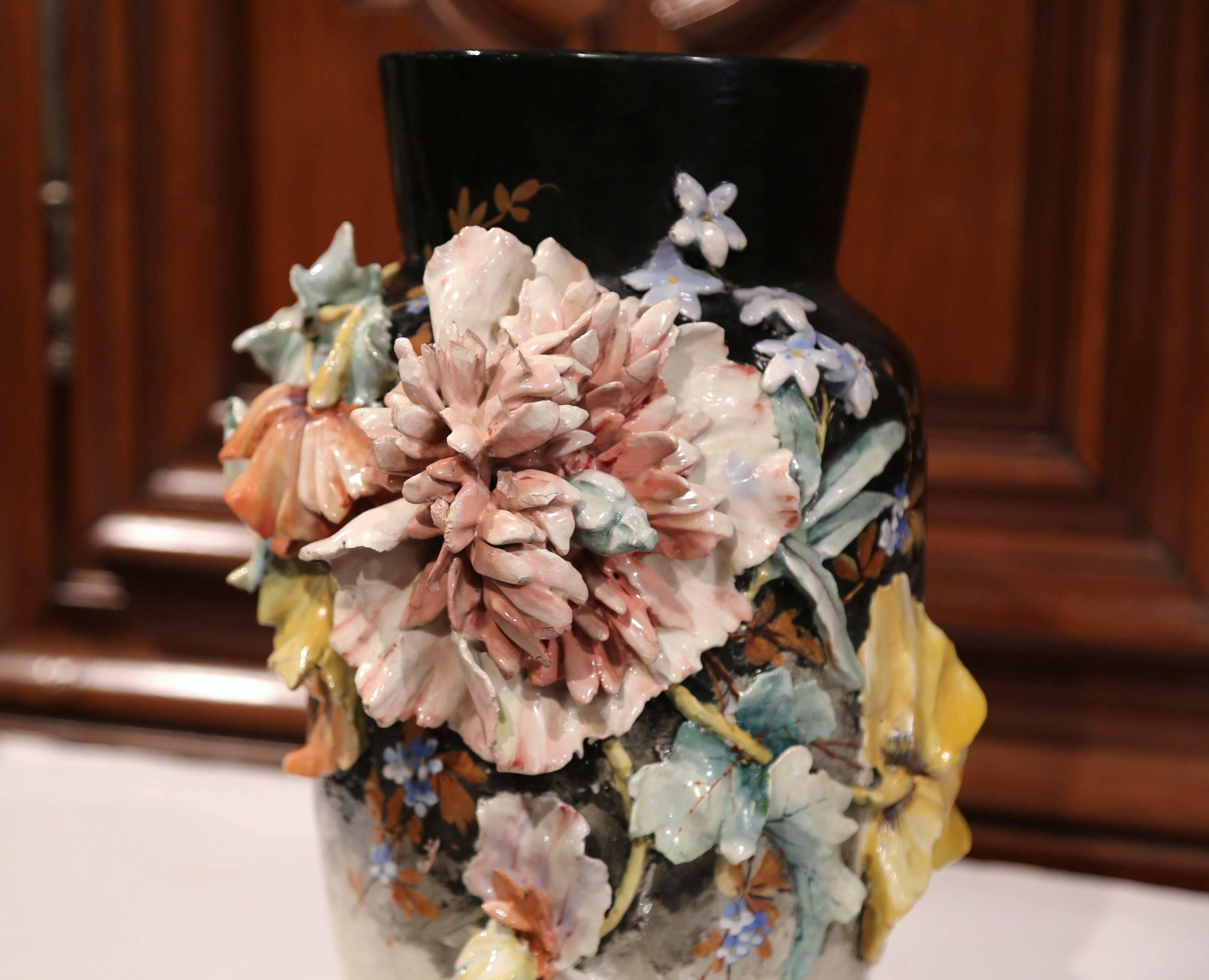 19th Century French Hand Painted Barbotine Ceramic Floral Vase from Montigny 4