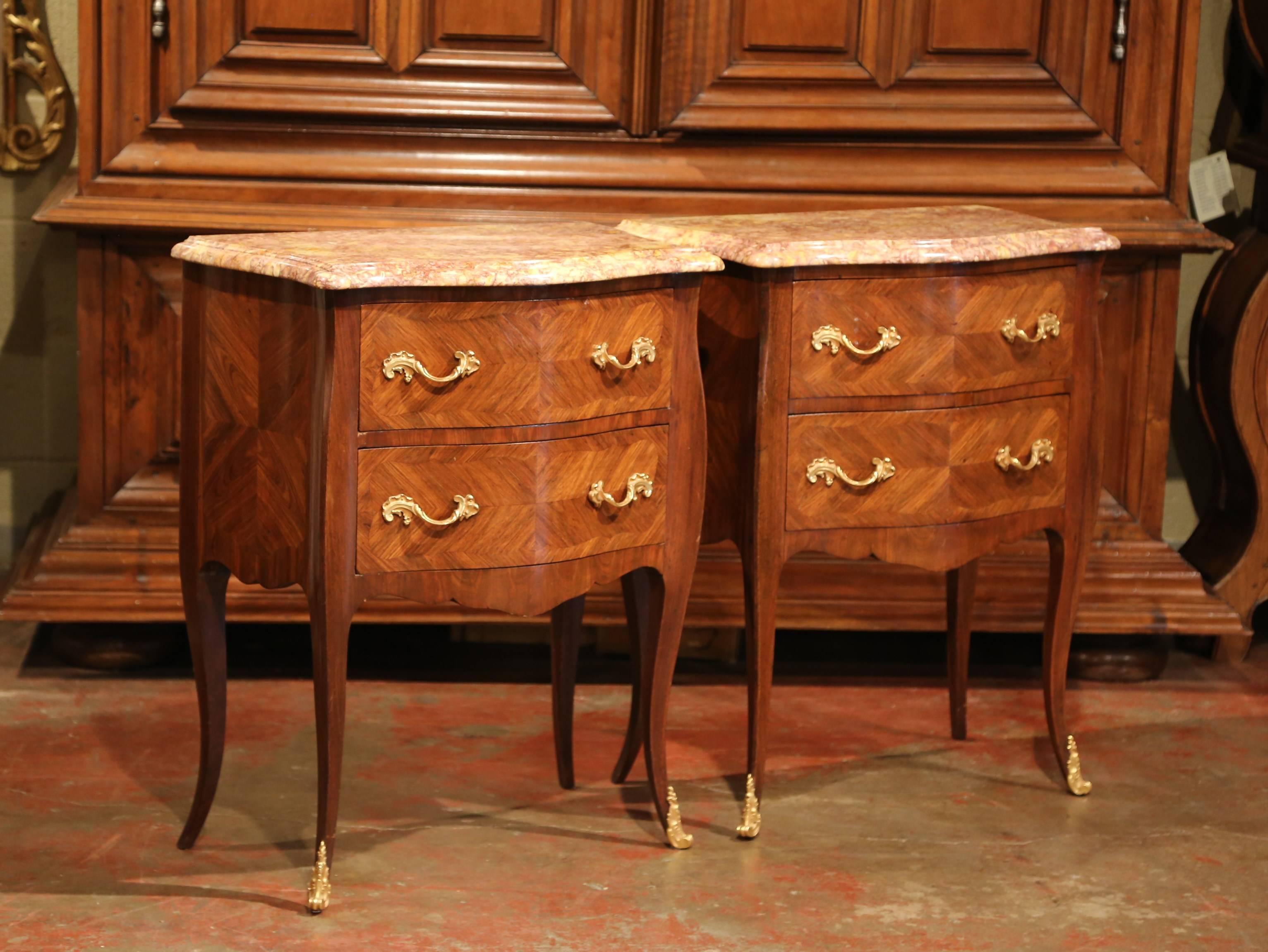 French Pair of Early 20th Century Louis XV Bombe Commodes Nightstands with Marble Top