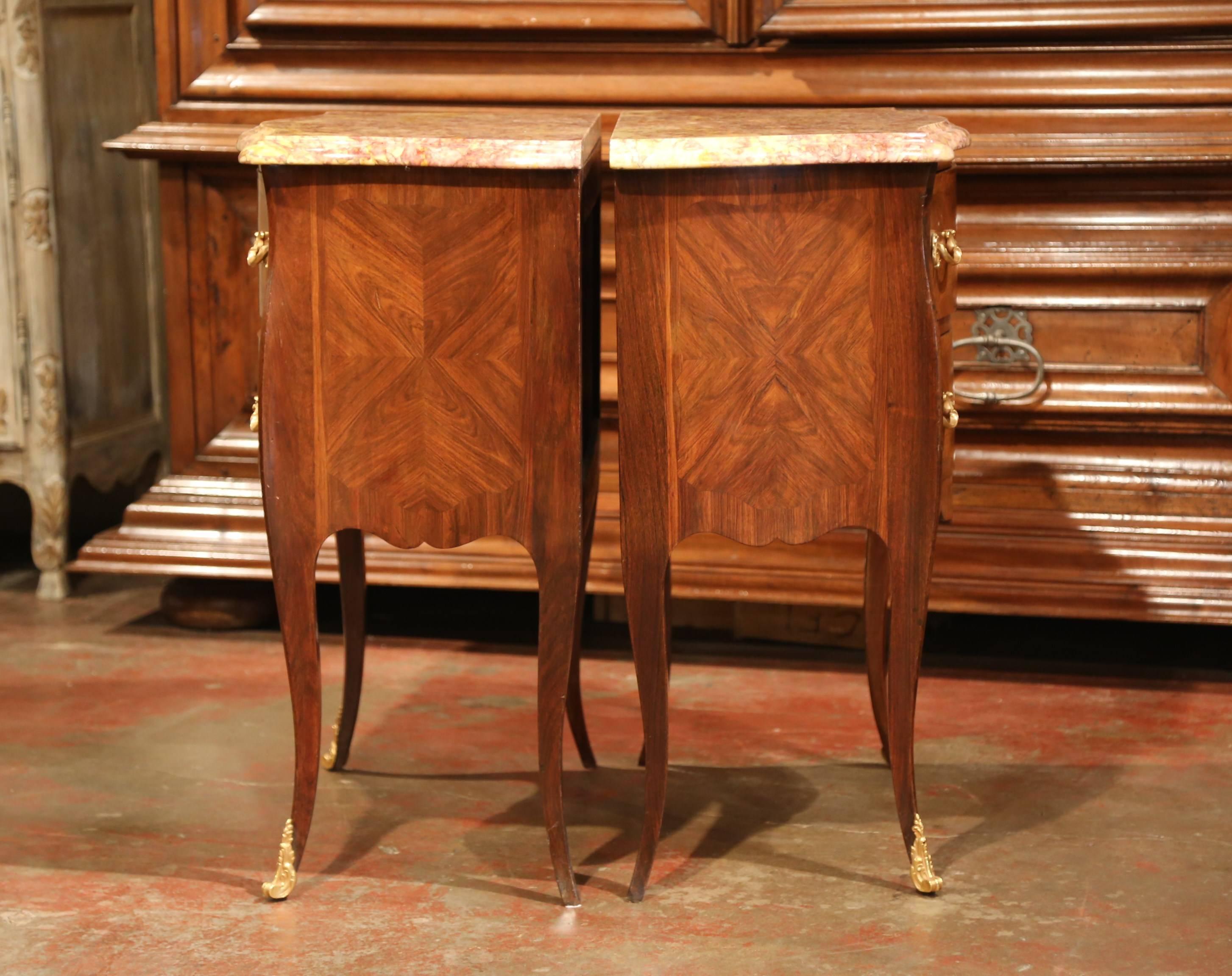 Pair of Early 20th Century Louis XV Bombe Commodes Nightstands with Marble Top 4