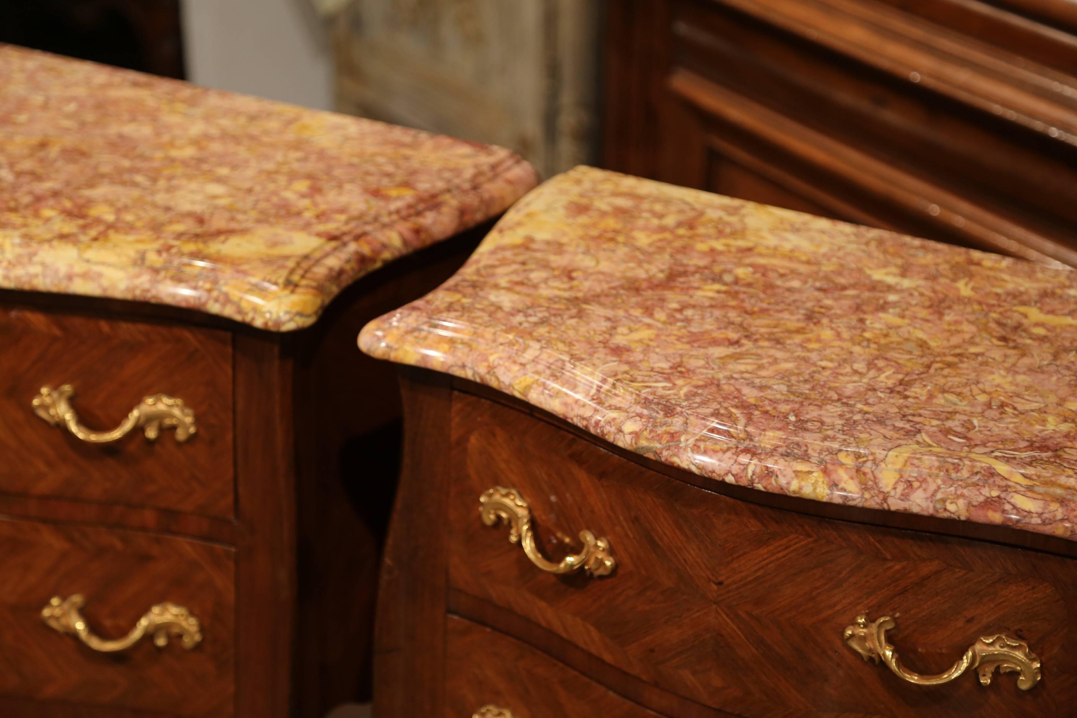 Pair of Early 20th Century Louis XV Bombe Commodes Nightstands with Marble Top 2