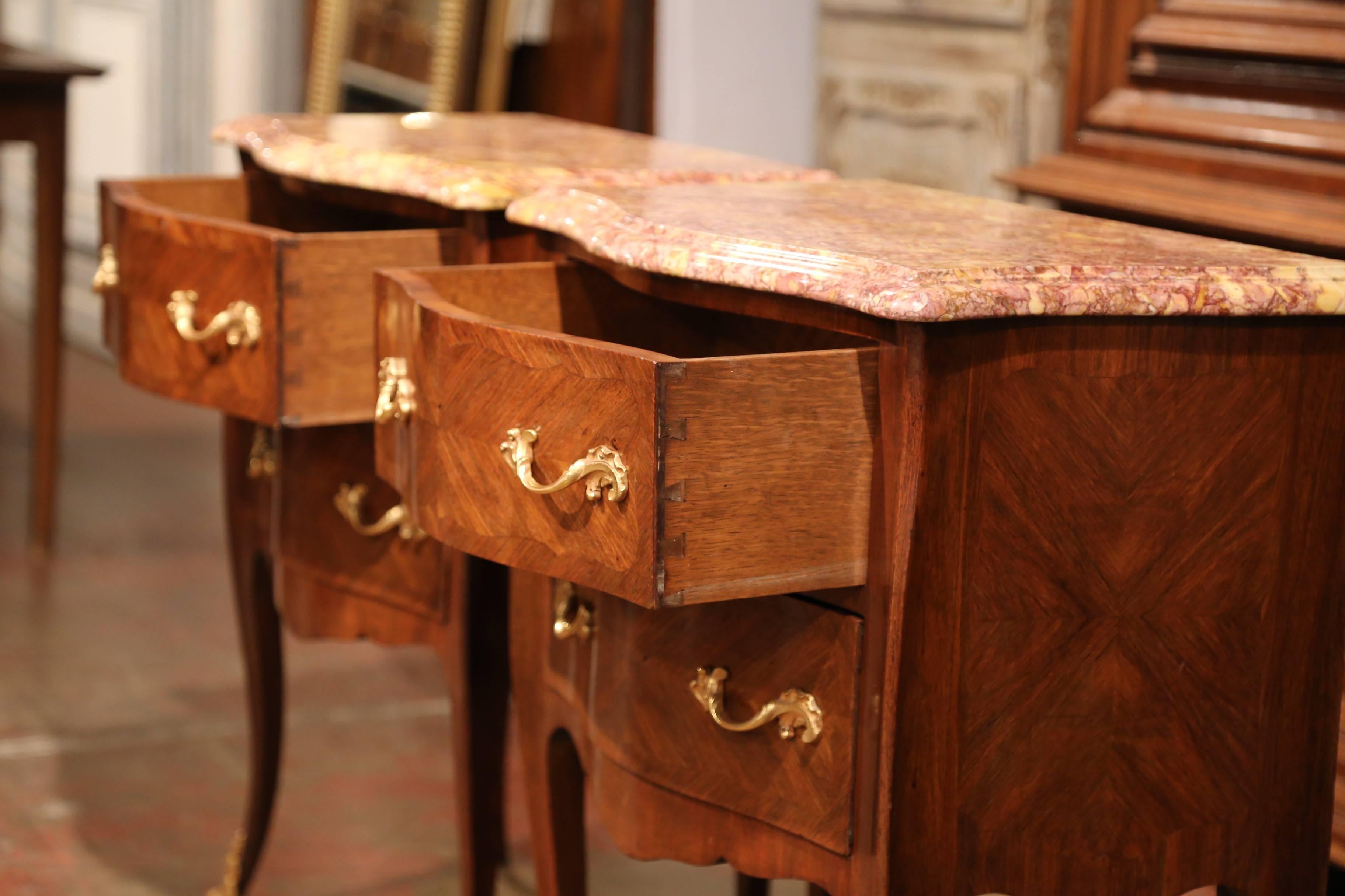 Pair of Early 20th Century Louis XV Bombe Commodes Nightstands with Marble Top 1