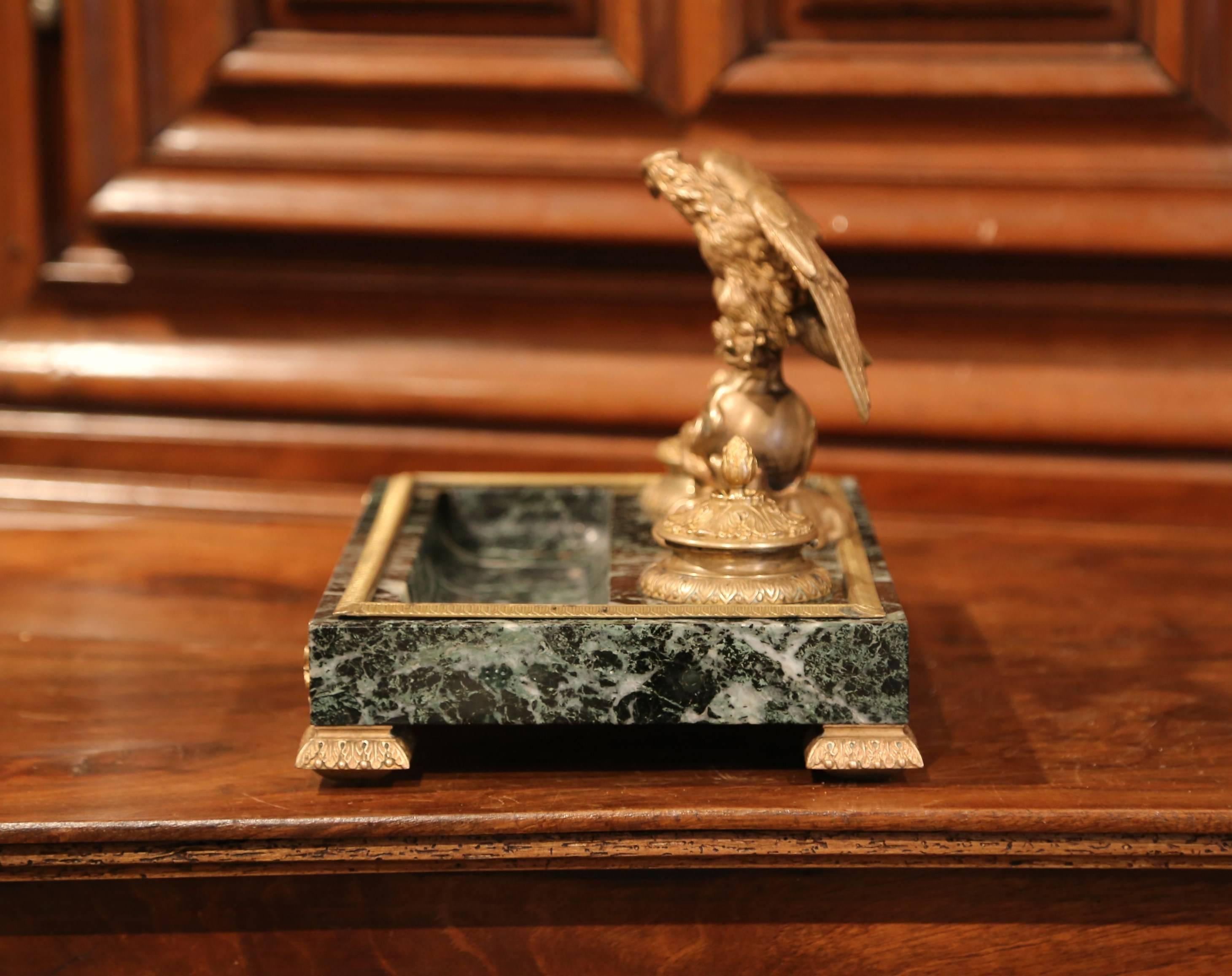 Early 20th Century French Green Marble and Bronze Inkwell with Eagle and Mounts 2