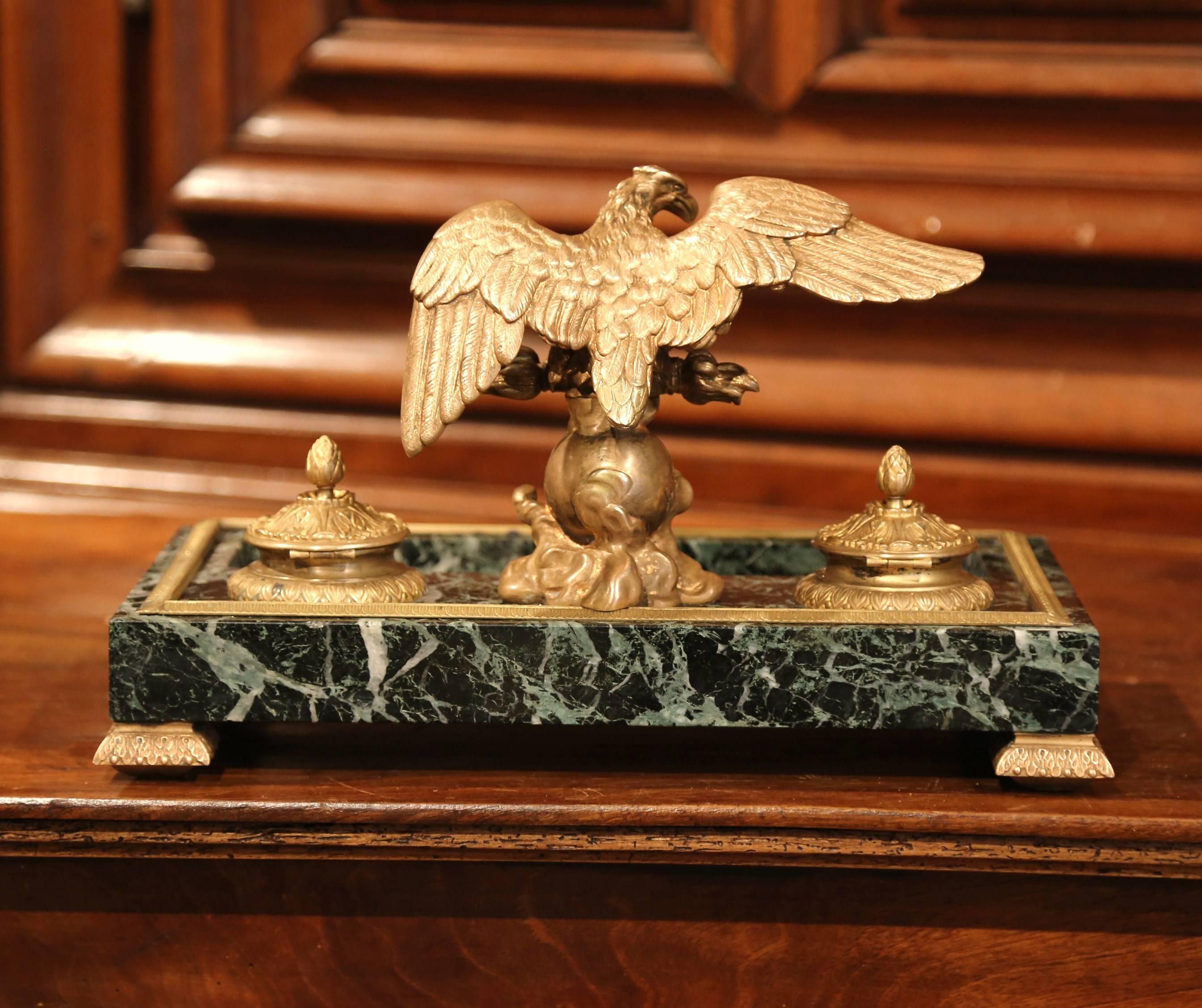 Early 20th Century French Green Marble and Bronze Inkwell with Eagle and Mounts 3