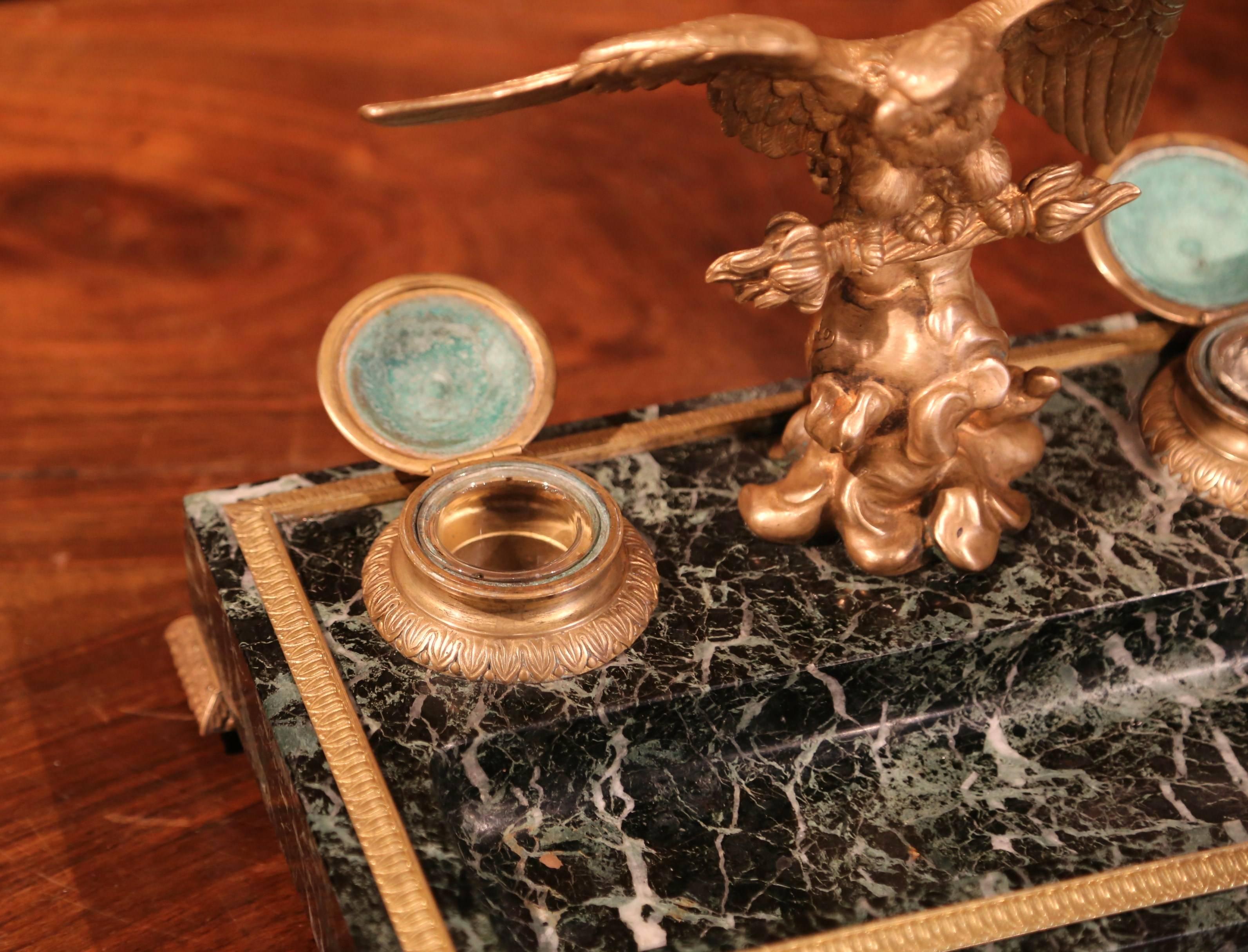 Early 20th Century French Green Marble and Bronze Inkwell with Eagle and Mounts 1