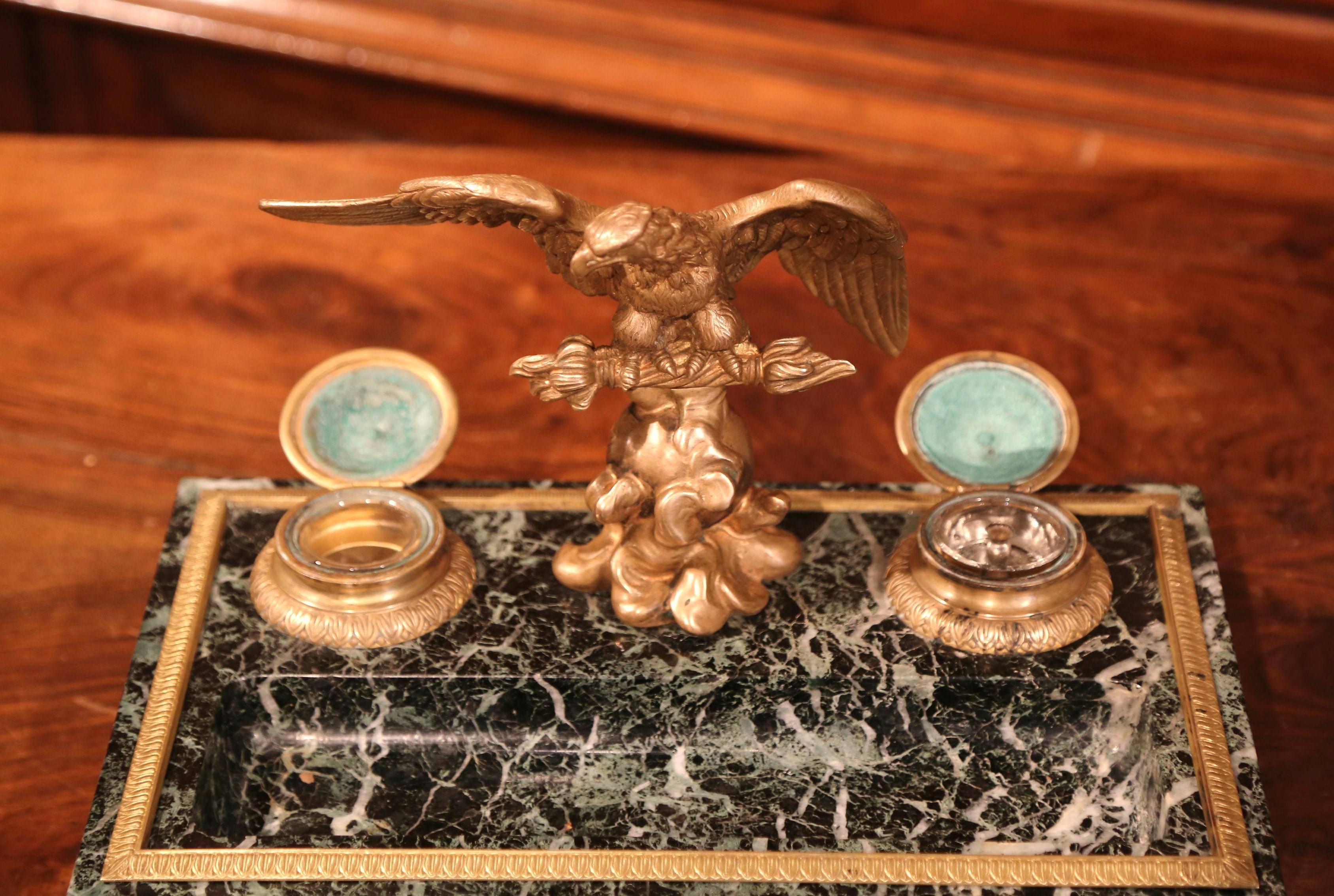 19th Century Early 20th Century French Green Marble and Bronze Inkwell with Eagle and Mounts