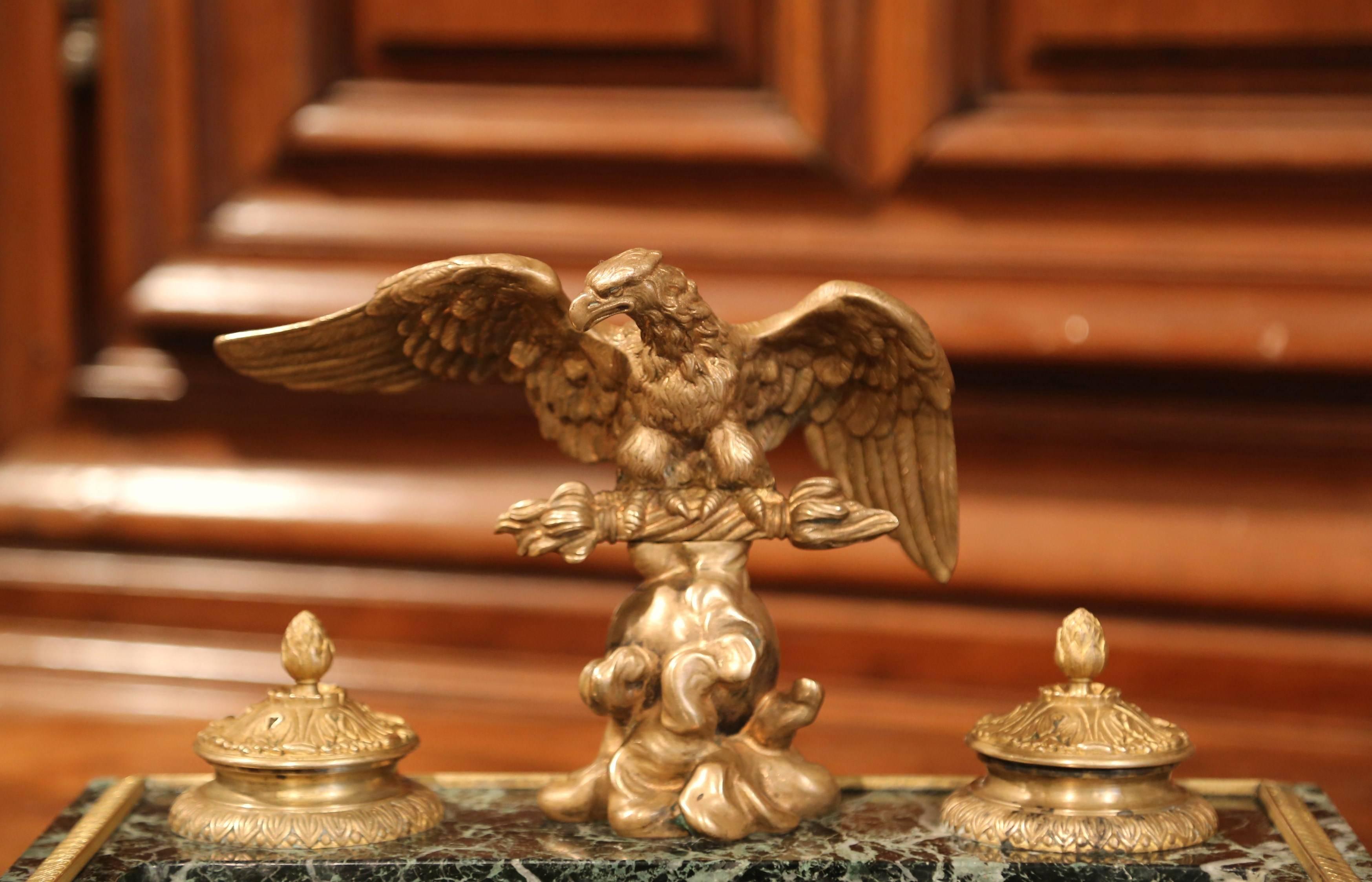 Empire Early 20th Century French Green Marble and Bronze Inkwell with Eagle and Mounts