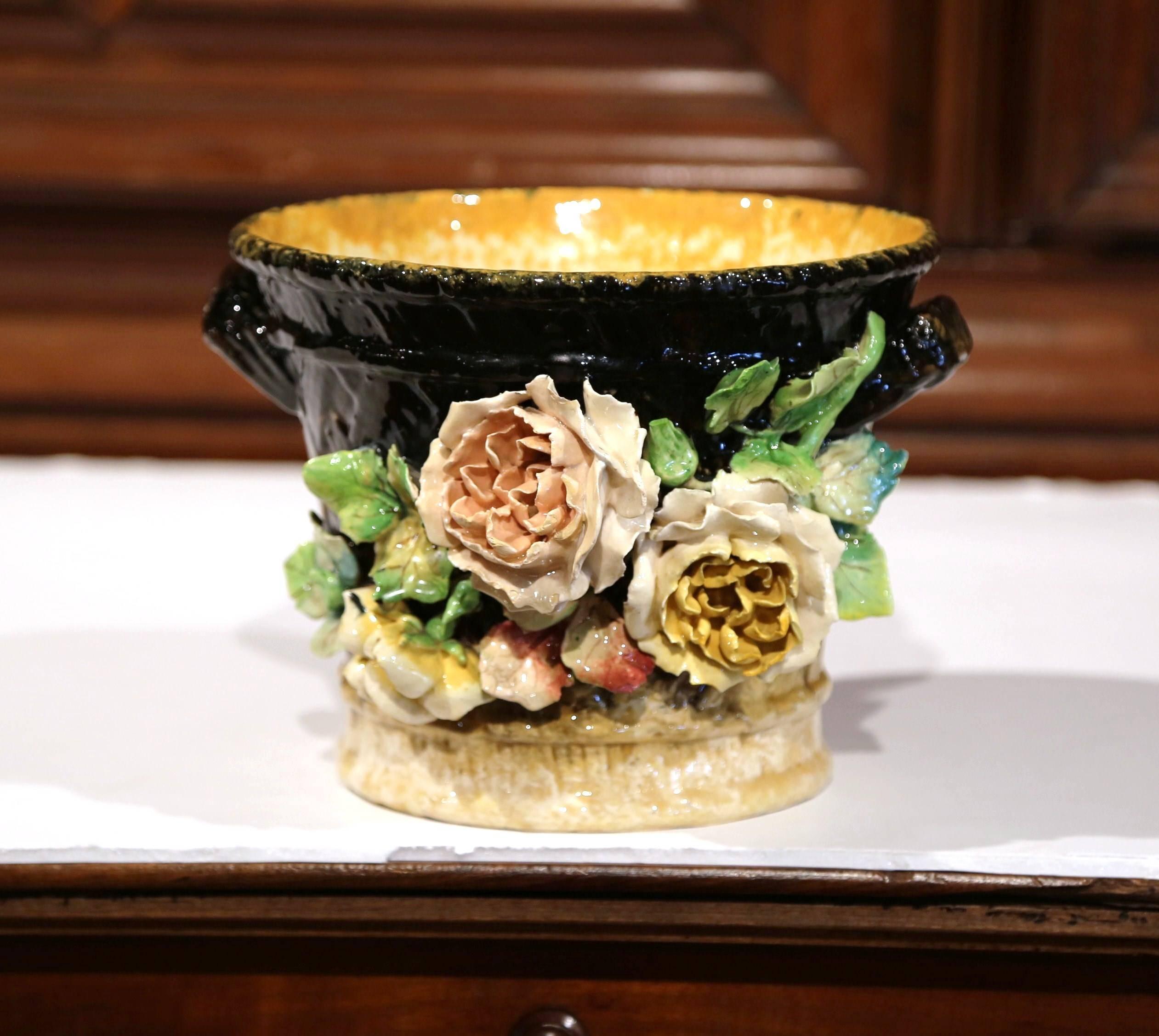 Ceramic 19th Century French Hand-Painted Barbotine Cache Pot with Flowers from Montigny