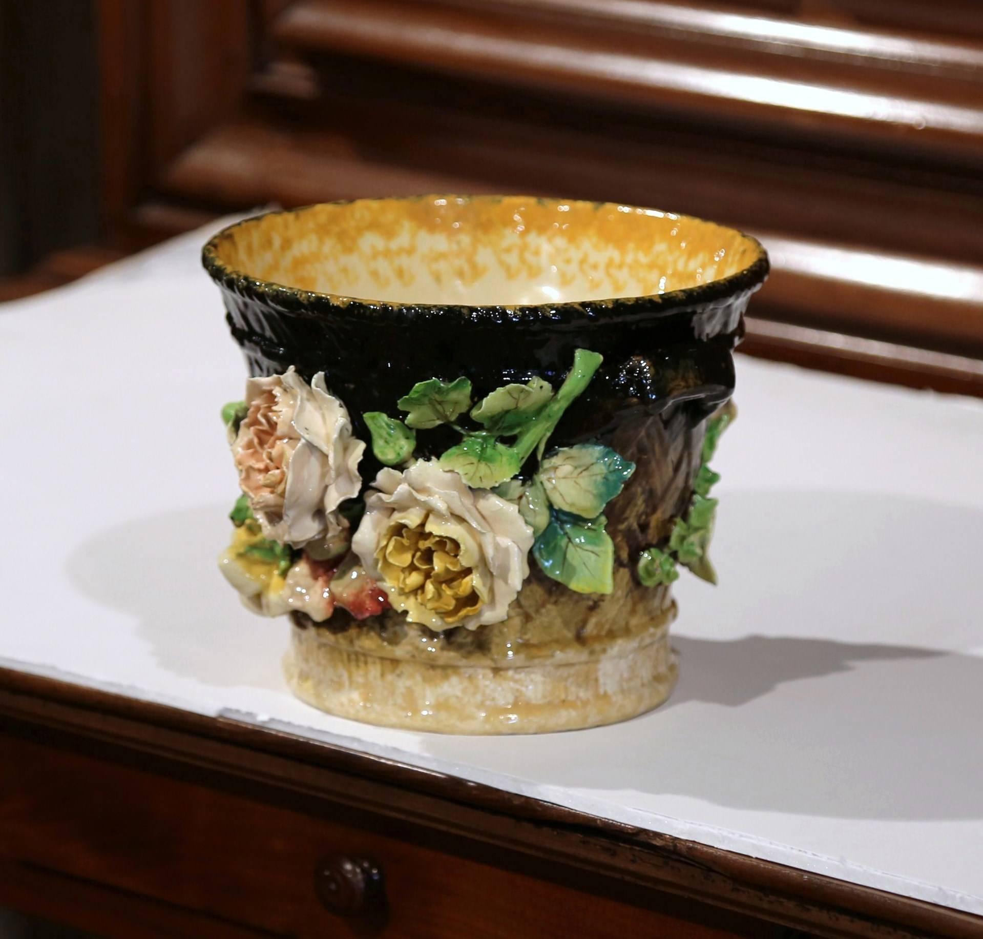 19th Century French Hand-Painted Barbotine Cache Pot with Flowers from Montigny 1