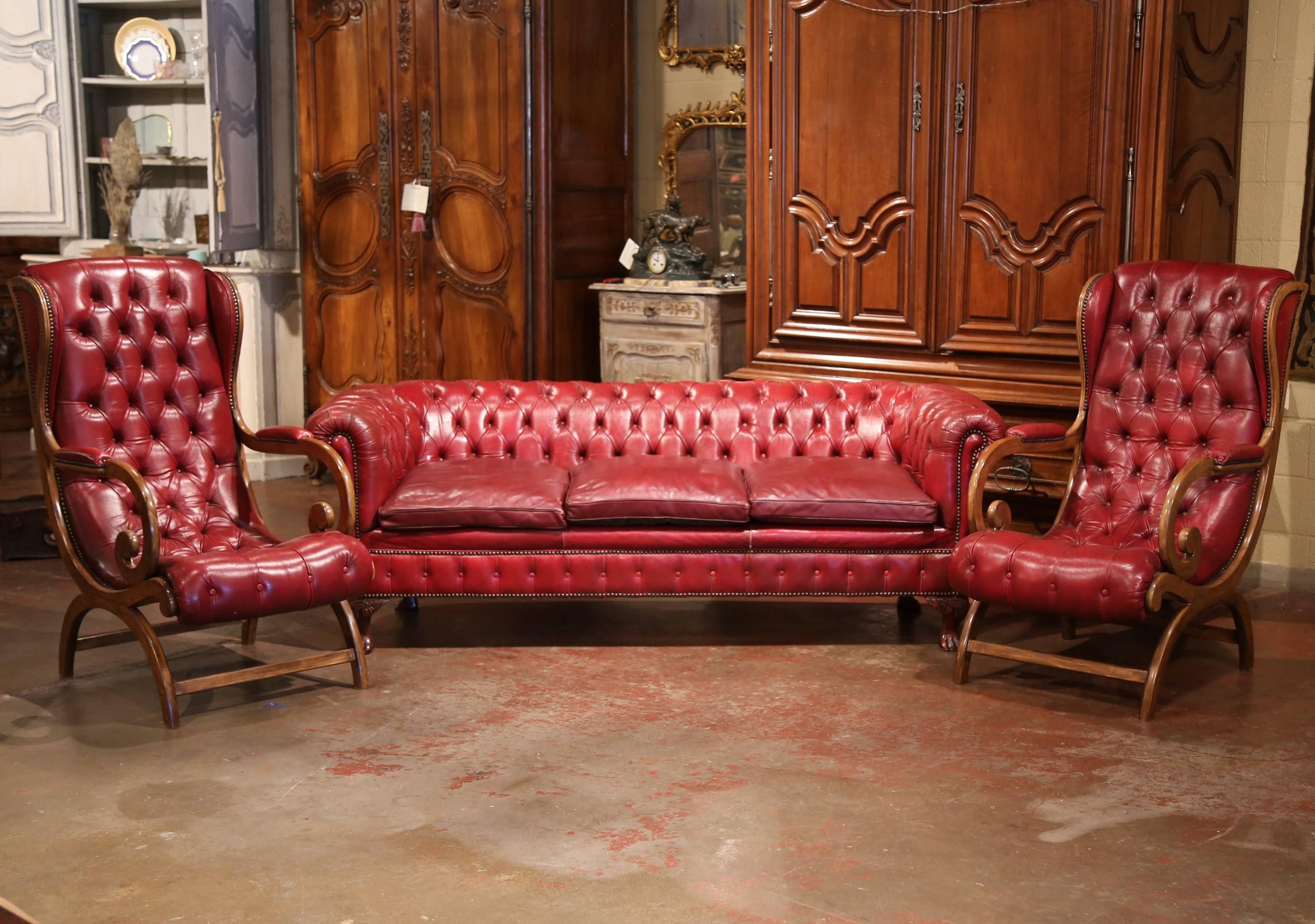 Hand-Carved Midcentury Three-Piece English Chesterfield Leather Armchairs and Sofa