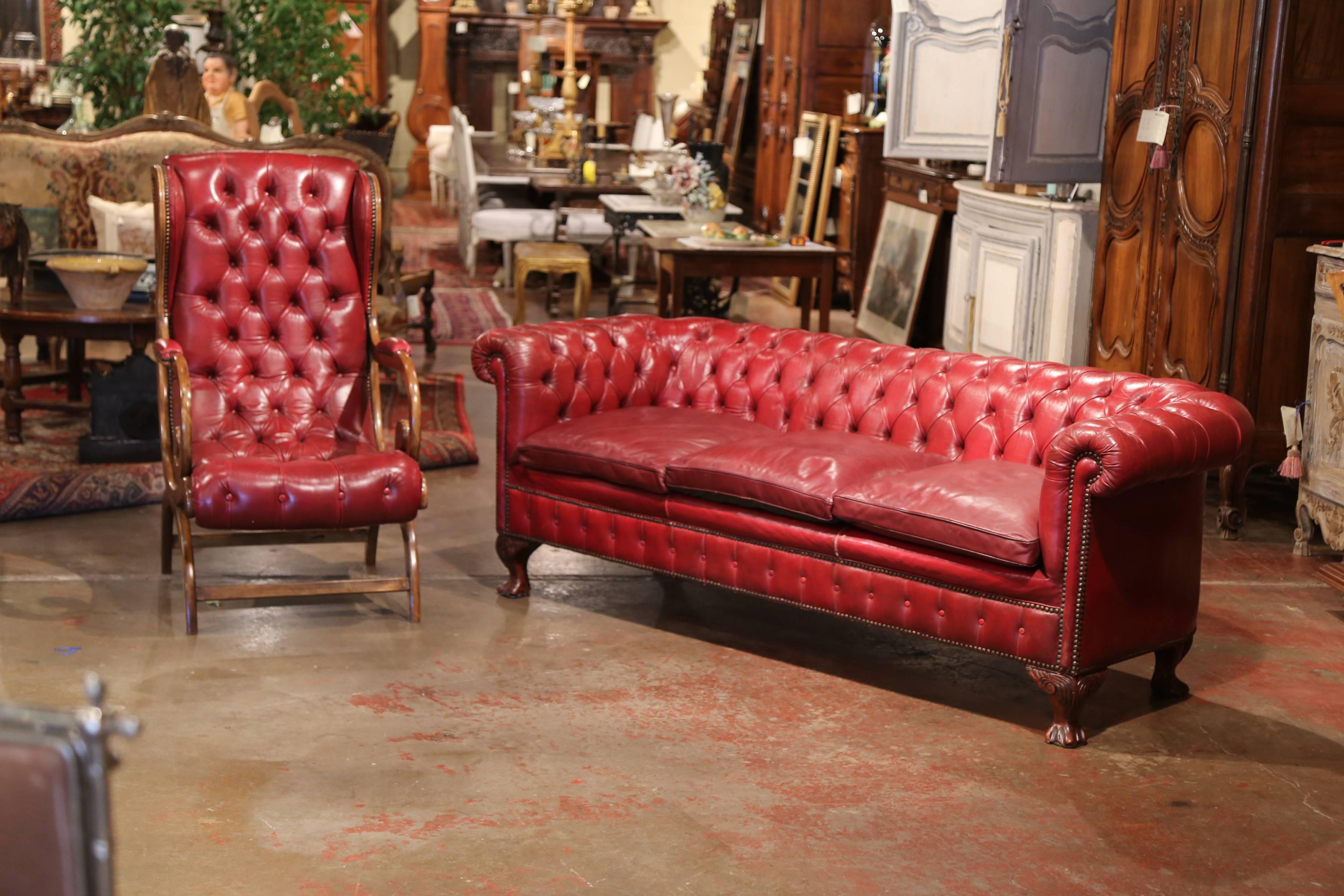 Midcentury Three-Piece English Chesterfield Leather Armchairs and Sofa 1