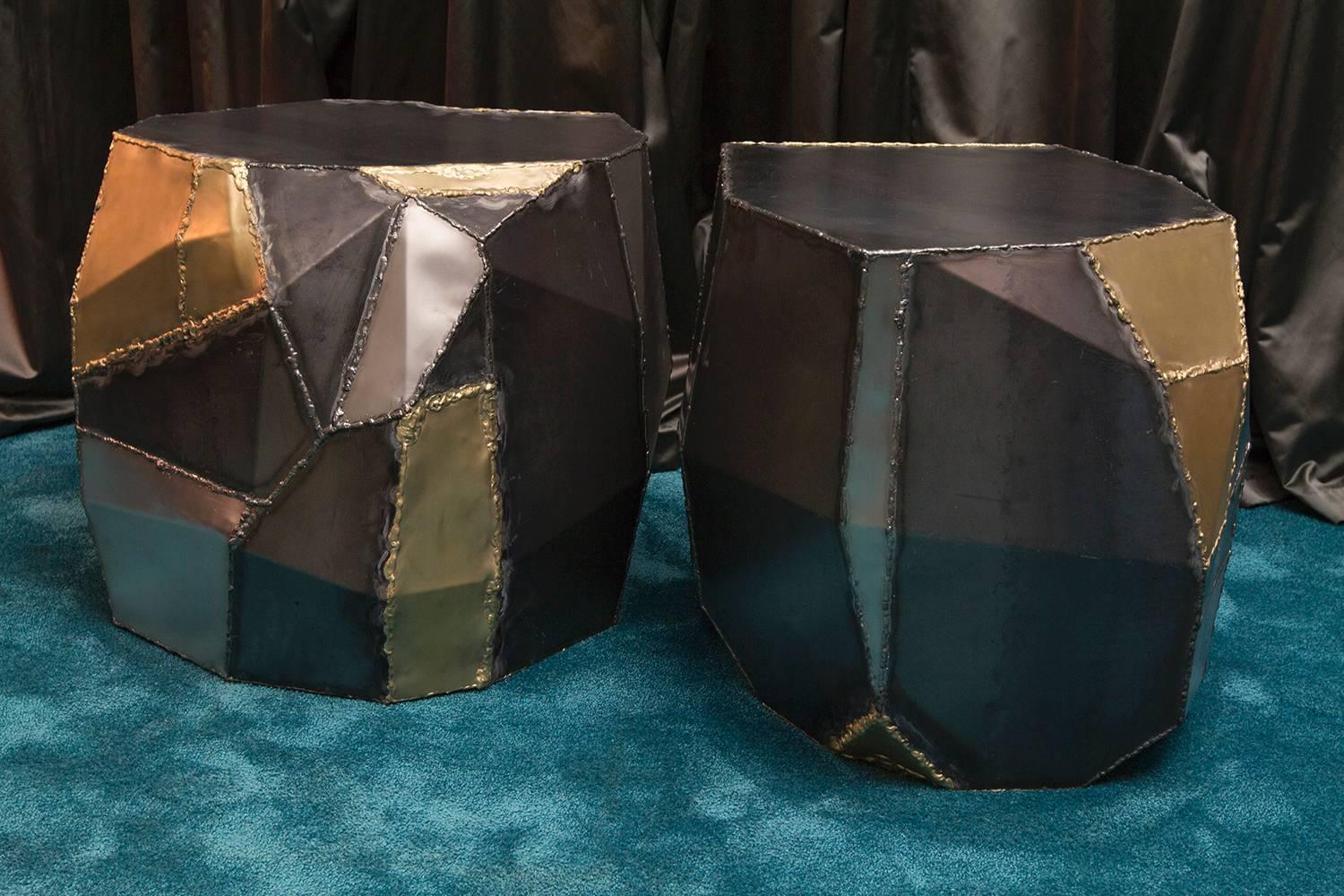 Faceted side tables in natural steel and natural brass without varnishing, they are two with slightly differences 
 