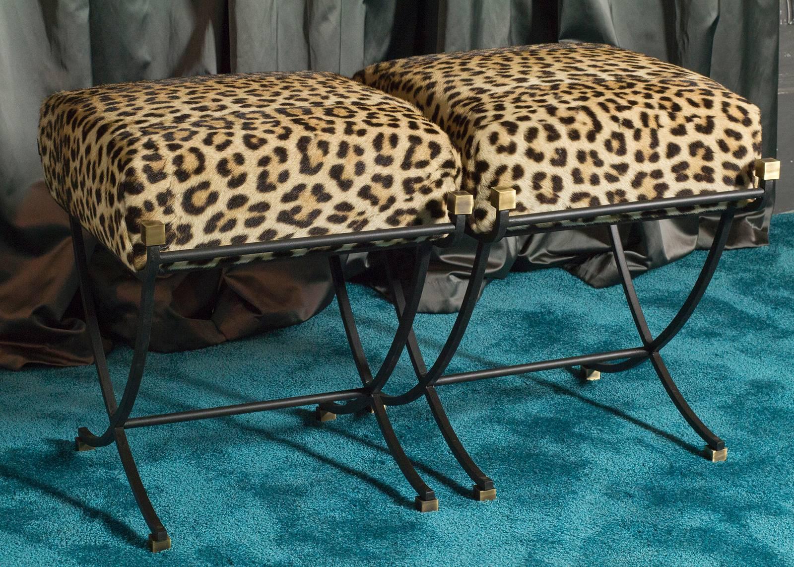 Original steel and brass structure with seat cushions newly covered in real Leopard skin.
